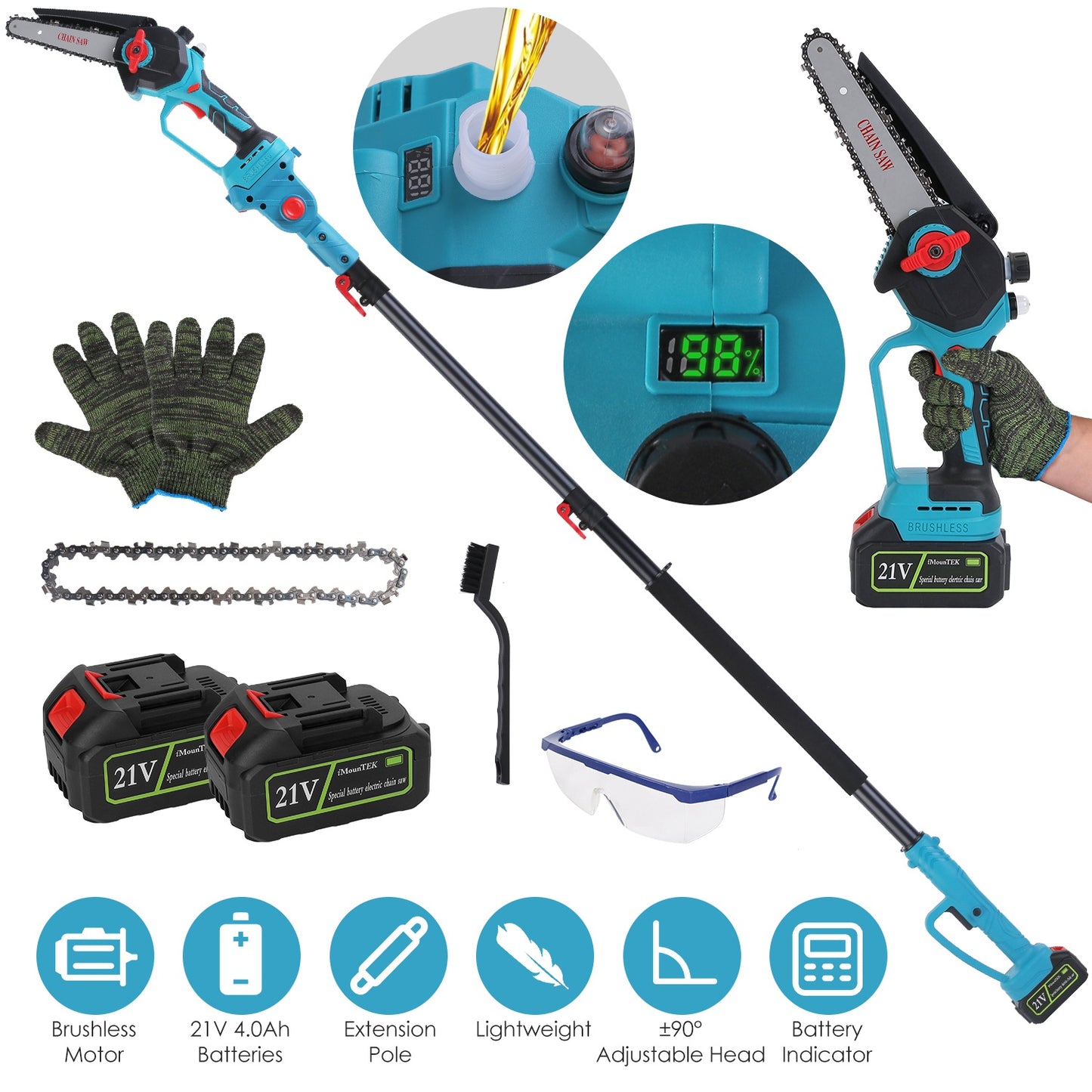 Cordless Pole Saw 2-in-1 with Extension Pole 21V Brushless