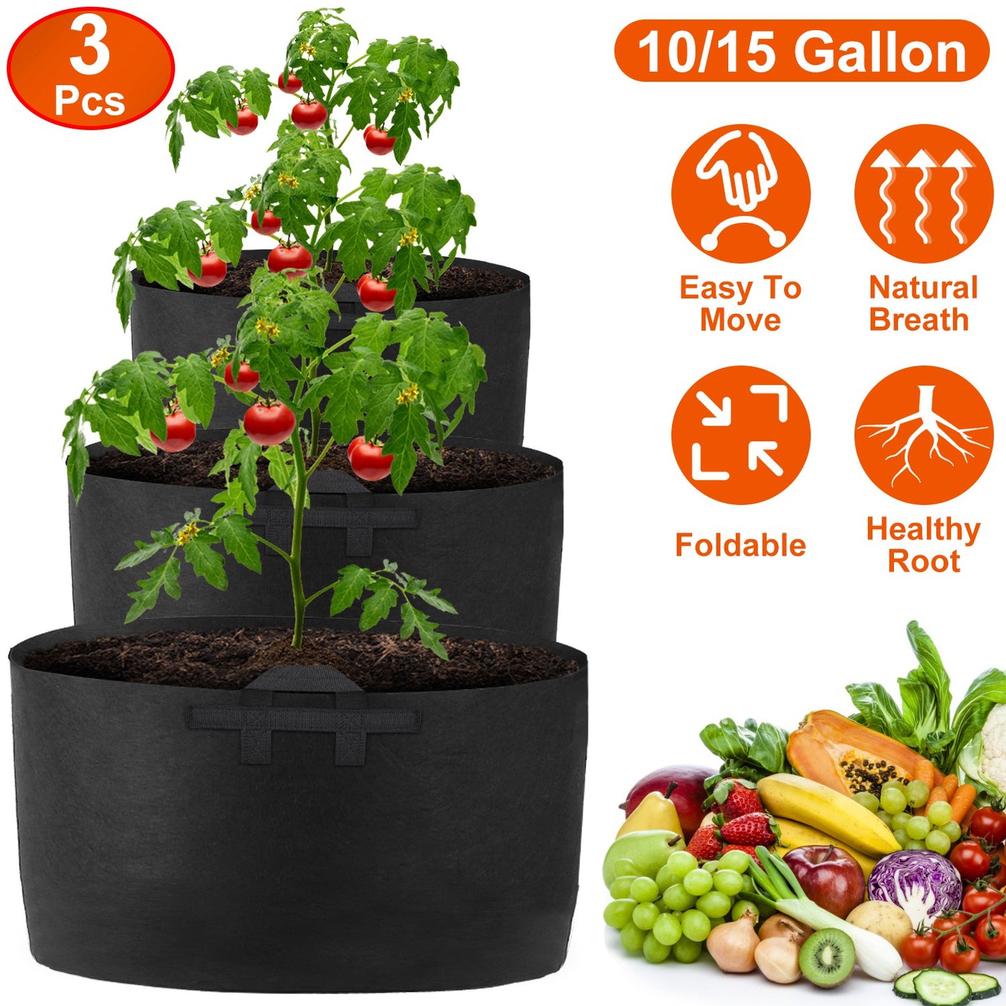 Plant Grow Bags 10 Gallon - 3 Pack Fabric Planter Pots