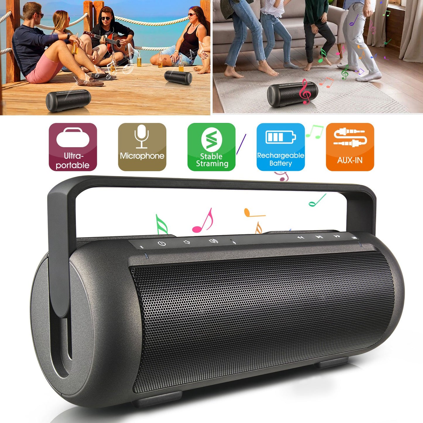 Portable Wireless Speaker with Dual Subwoofer & Microphone