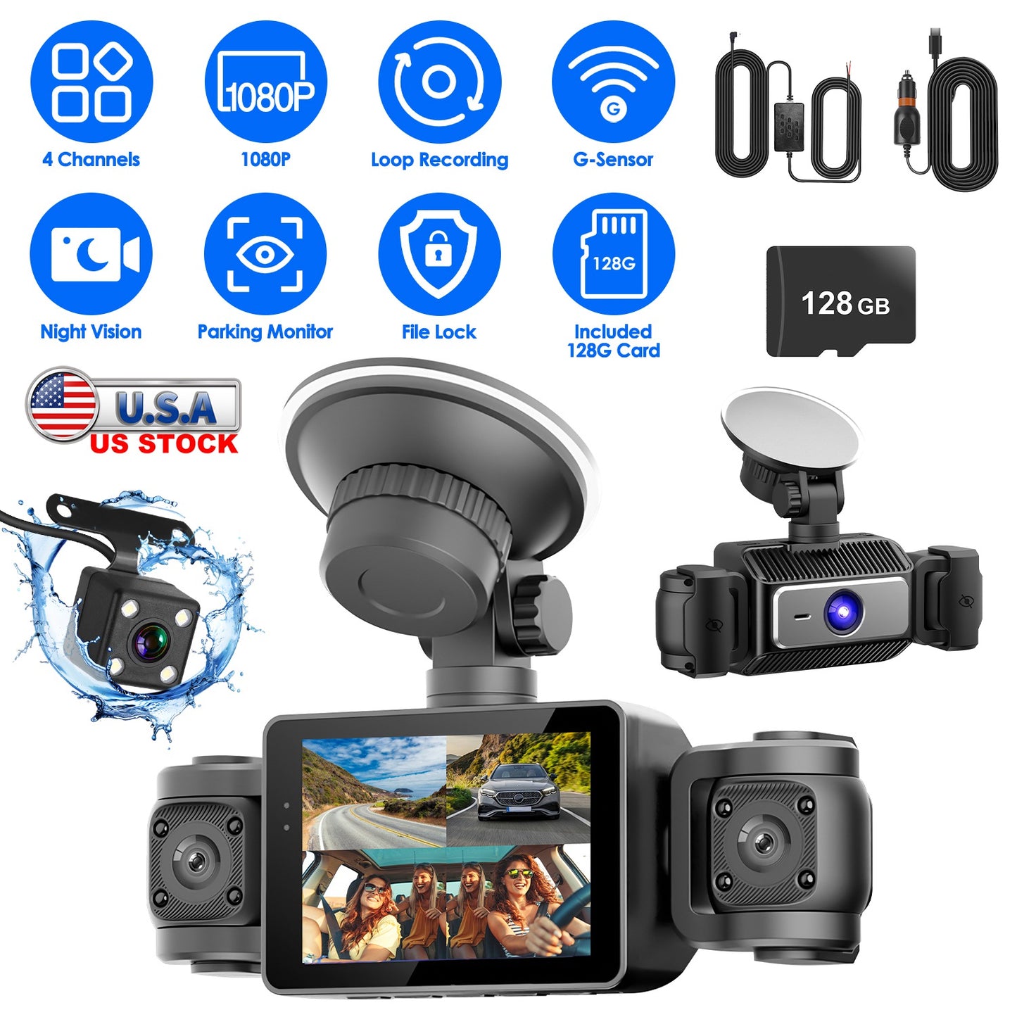 4 Channel Dash Cam with 360° Coverage & 128GB Card