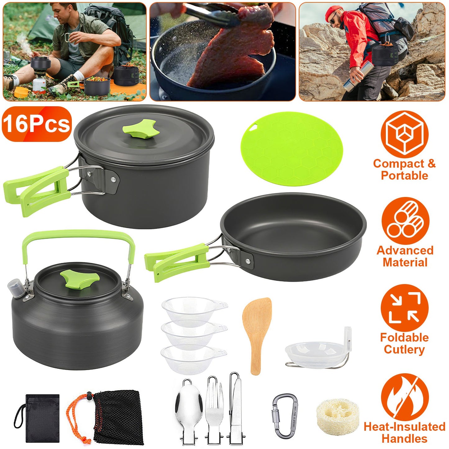 16-Piece Camping Cookware Set with Pot, Pan & Kettle