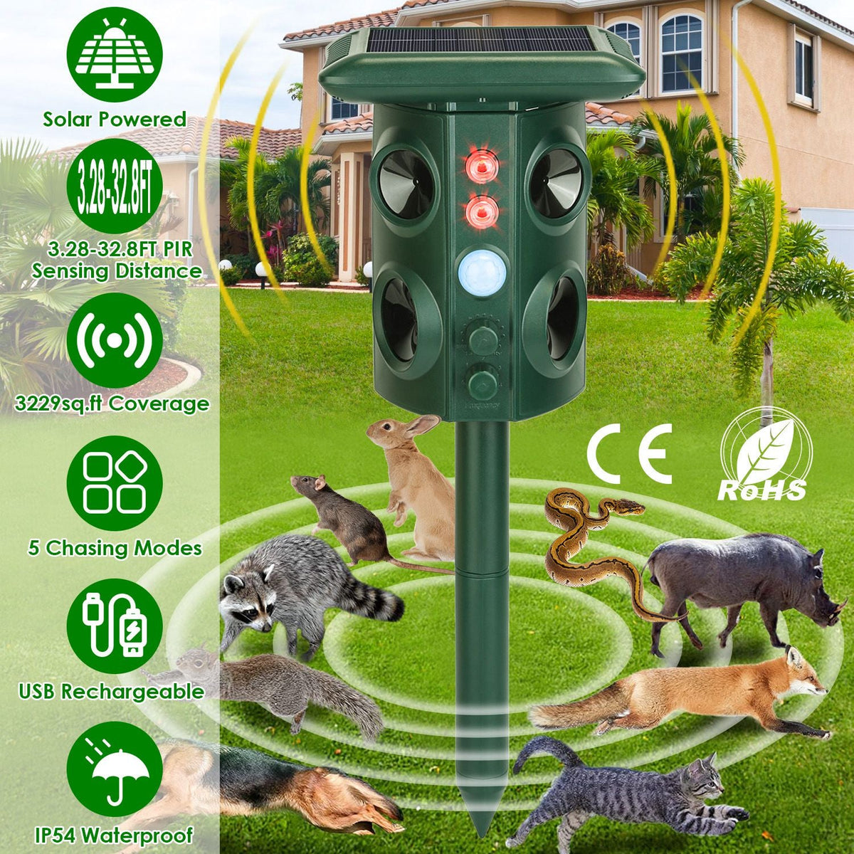 Solar Ultrasonic Animal Repeller Solar Powered Animal Repellent Chaser with PIR Motion Sensor IP54 Waterproof Sound Flashing Light for Deer Raccoon Sq