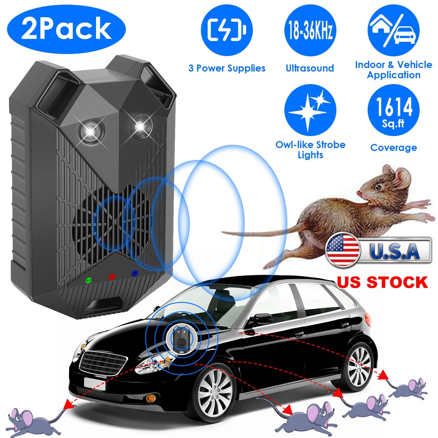 Ultrasonic Rodent Repeller 2-Pack for Vehicles with Strobe Light