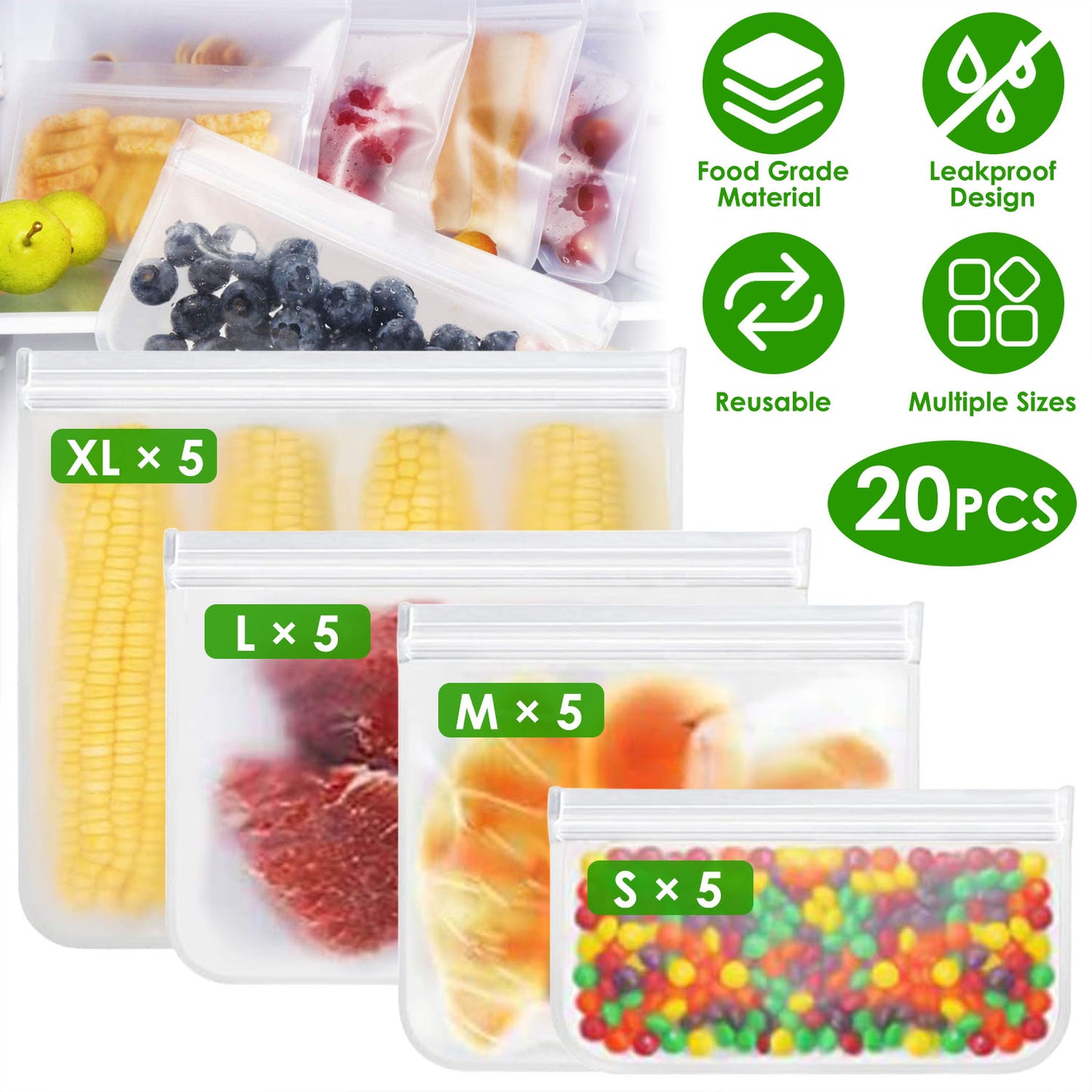 Reusable Food Storage Bags Set of 20 - Leakproof PEVA Freezer Bags