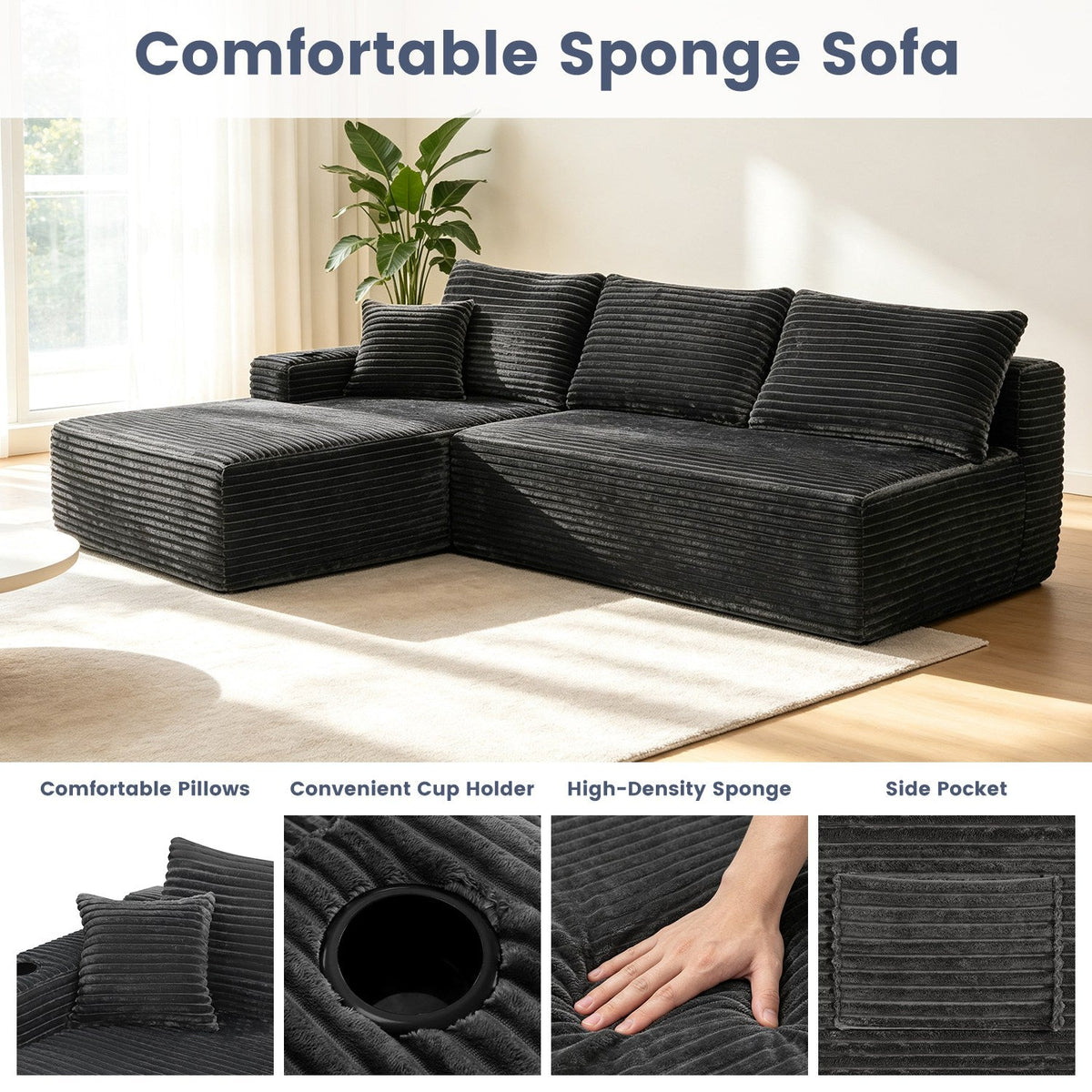 96" L-Shaped Sectional Sofa with Chaise in Plush Corduroy