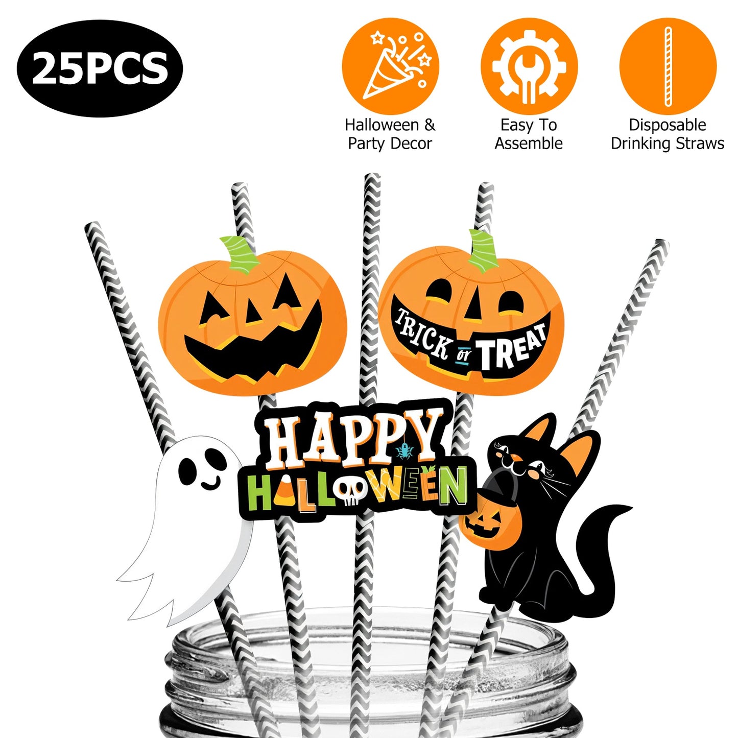 Halloween Party Paper Straws with Decorative Cards - 25 Pack
