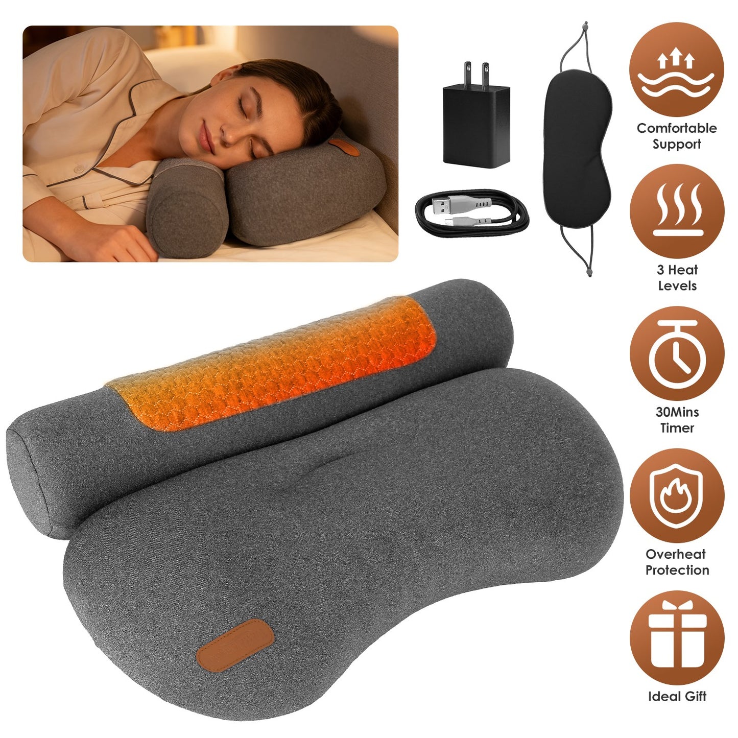 Heated Memory Foam Neck Pillow with 3-Level Heat Therapy