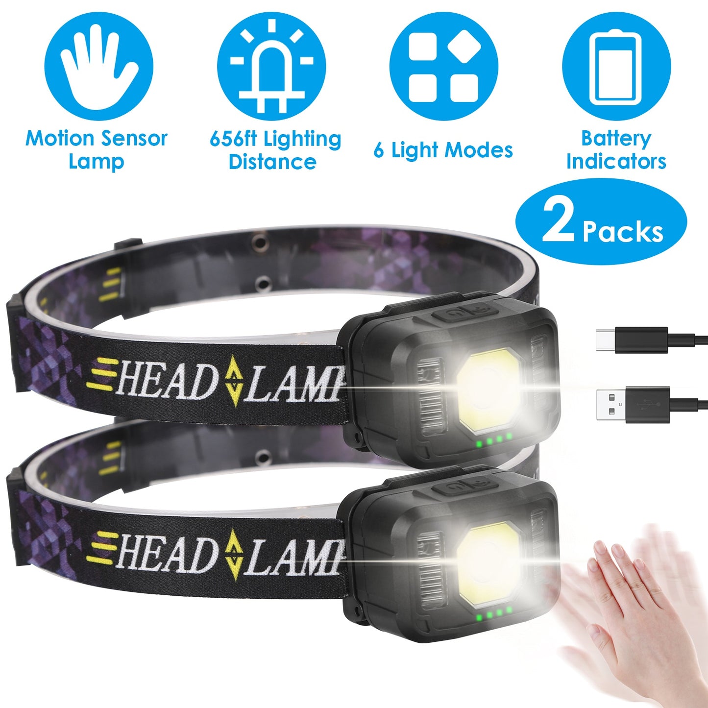 Rechargeable Motion Sensor Headlamp with 6 Light Modes - 2 Pack