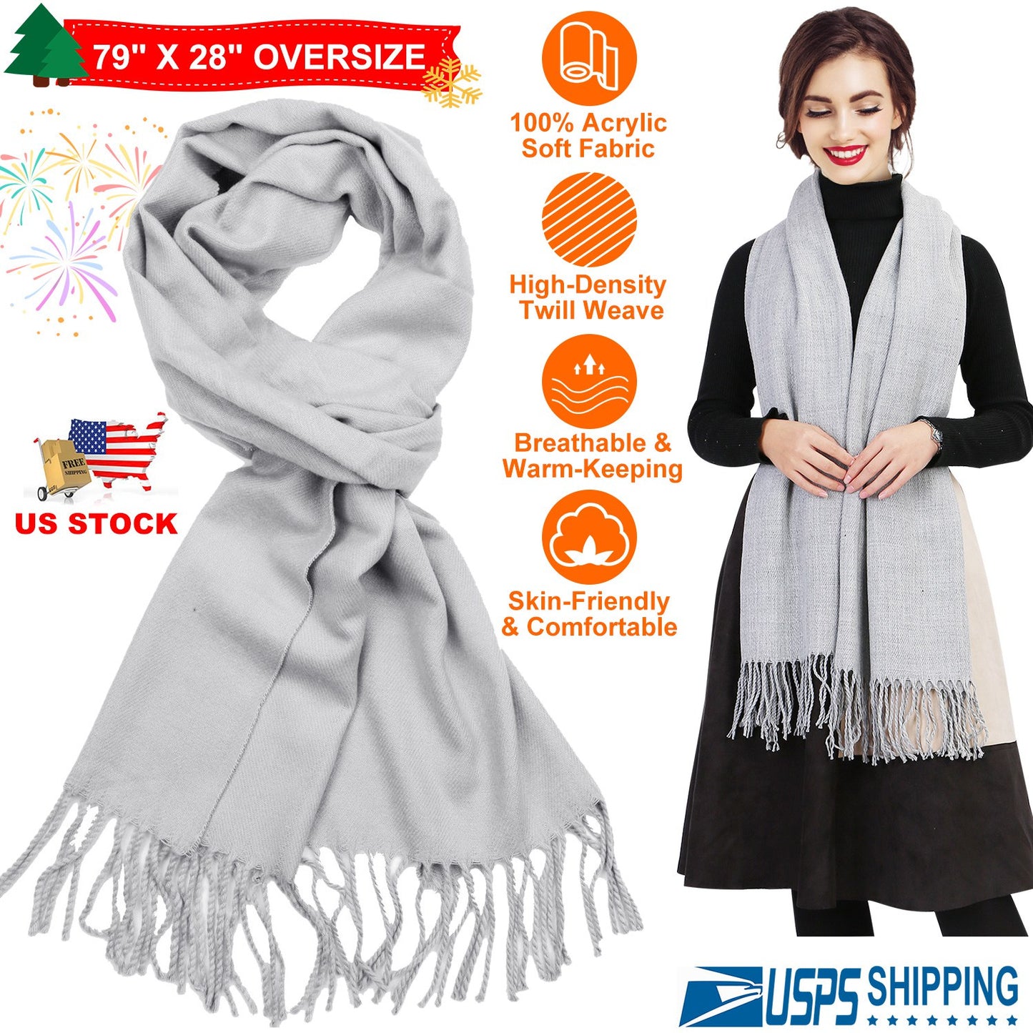 Mens Womens Oversize Cashmere Wool Shawl Wraps Blanket Winter Solid Scarf Soft Pashmina 79" X 28"