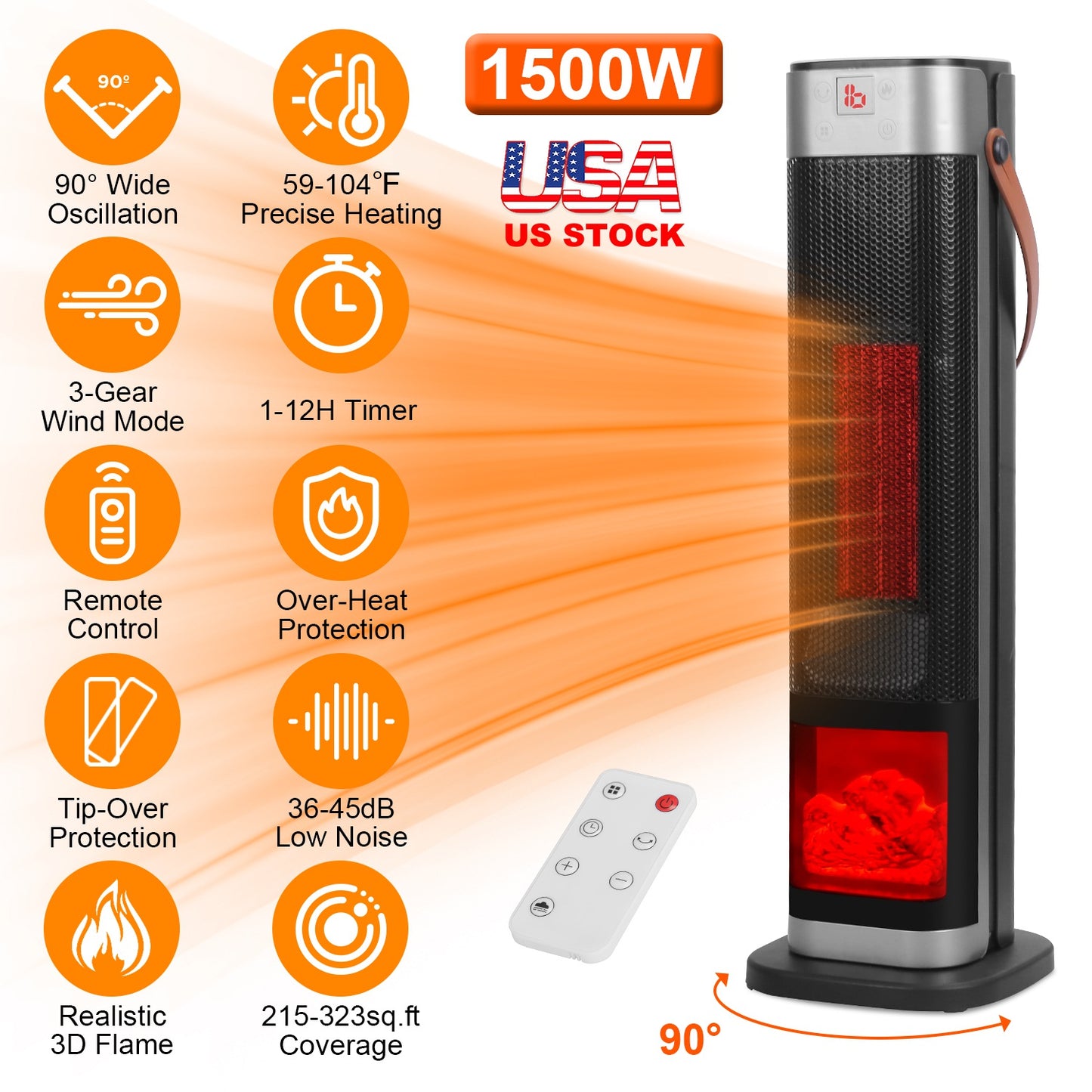 Oscillating Ceramic Tower Space Heater with Remote Control
