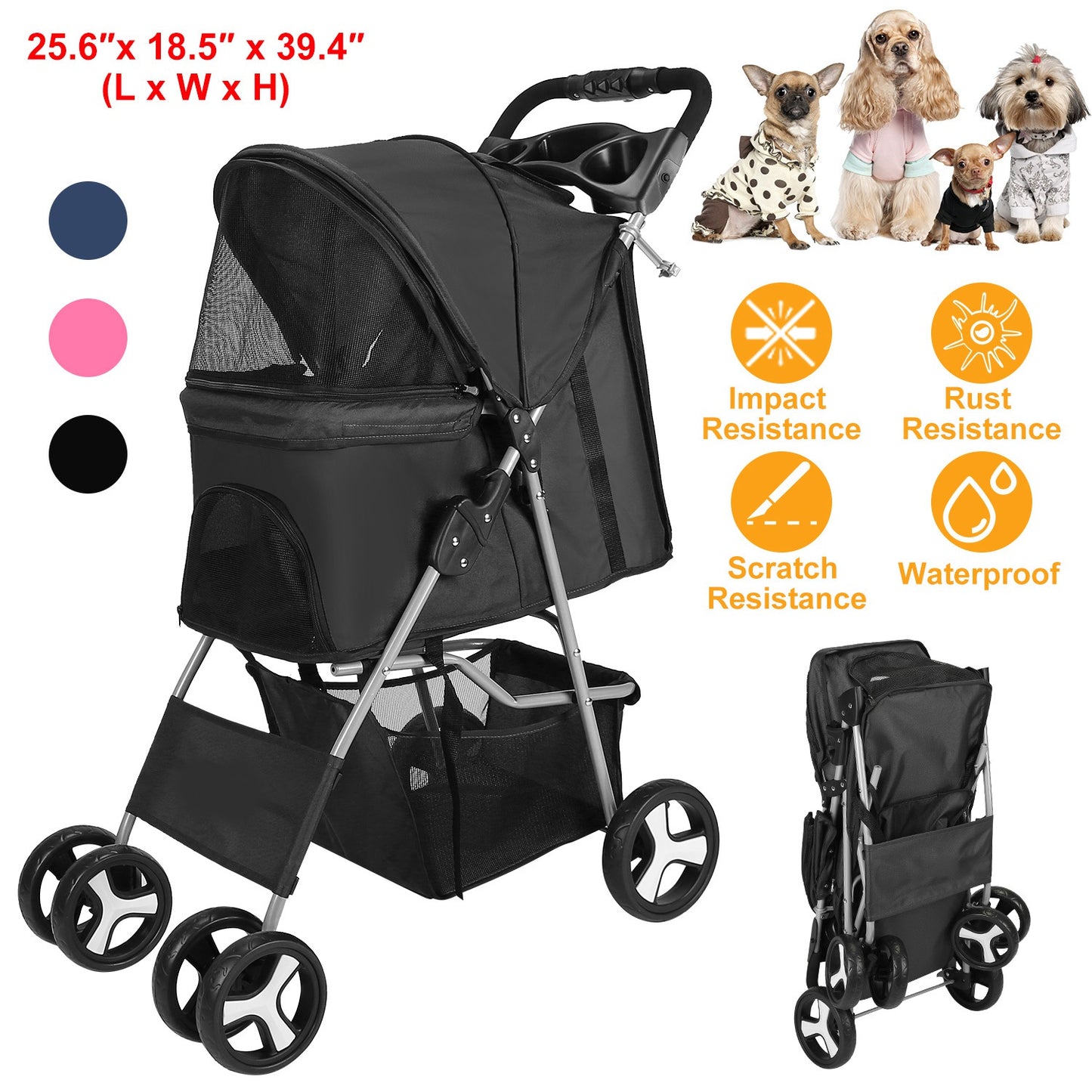 Pet Stroller with 4 Wheels - Foldable Carrier for Dogs & Cats