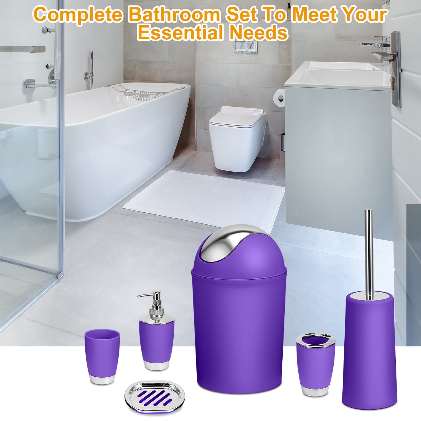 6-Piece Bathroom Accessories Set with Soap Dispenser & Brush