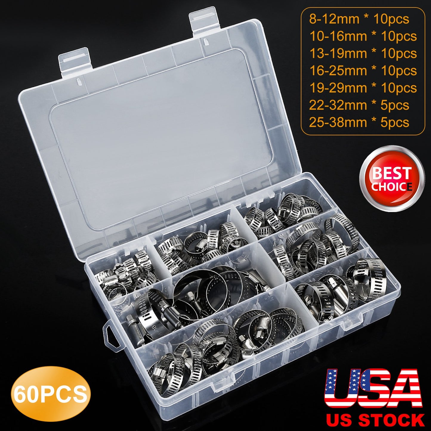 Hose Clamp Set 60-Piece Stainless Steel Adjustable Kit