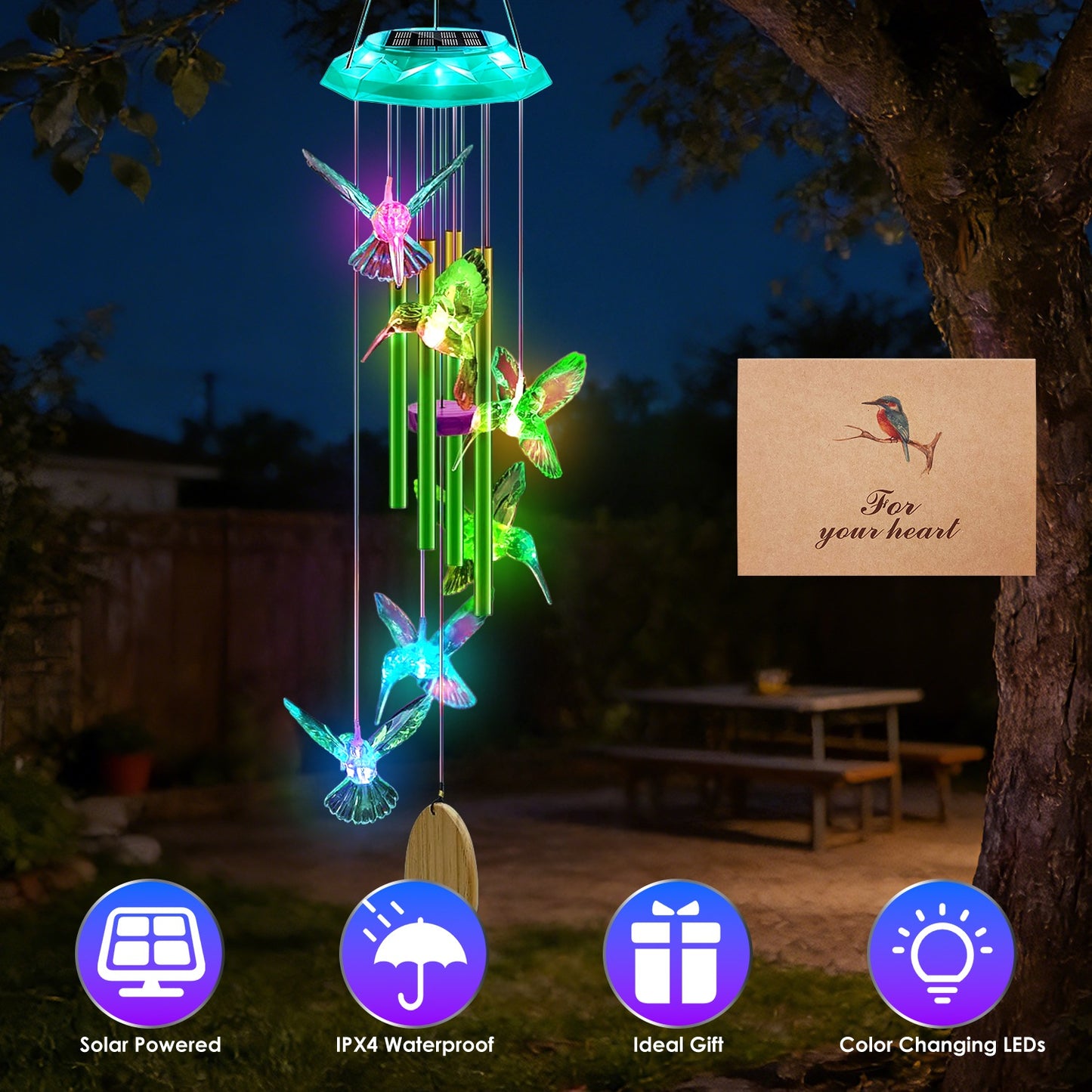 Solar Wind Chime with Color-Changing LED Lights & Aluminum Tubes