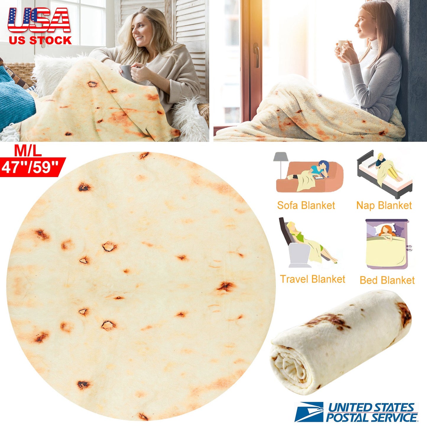 Burrito Tortilla Novelty Throw Blanket - Soft Flannel Round Wrap
