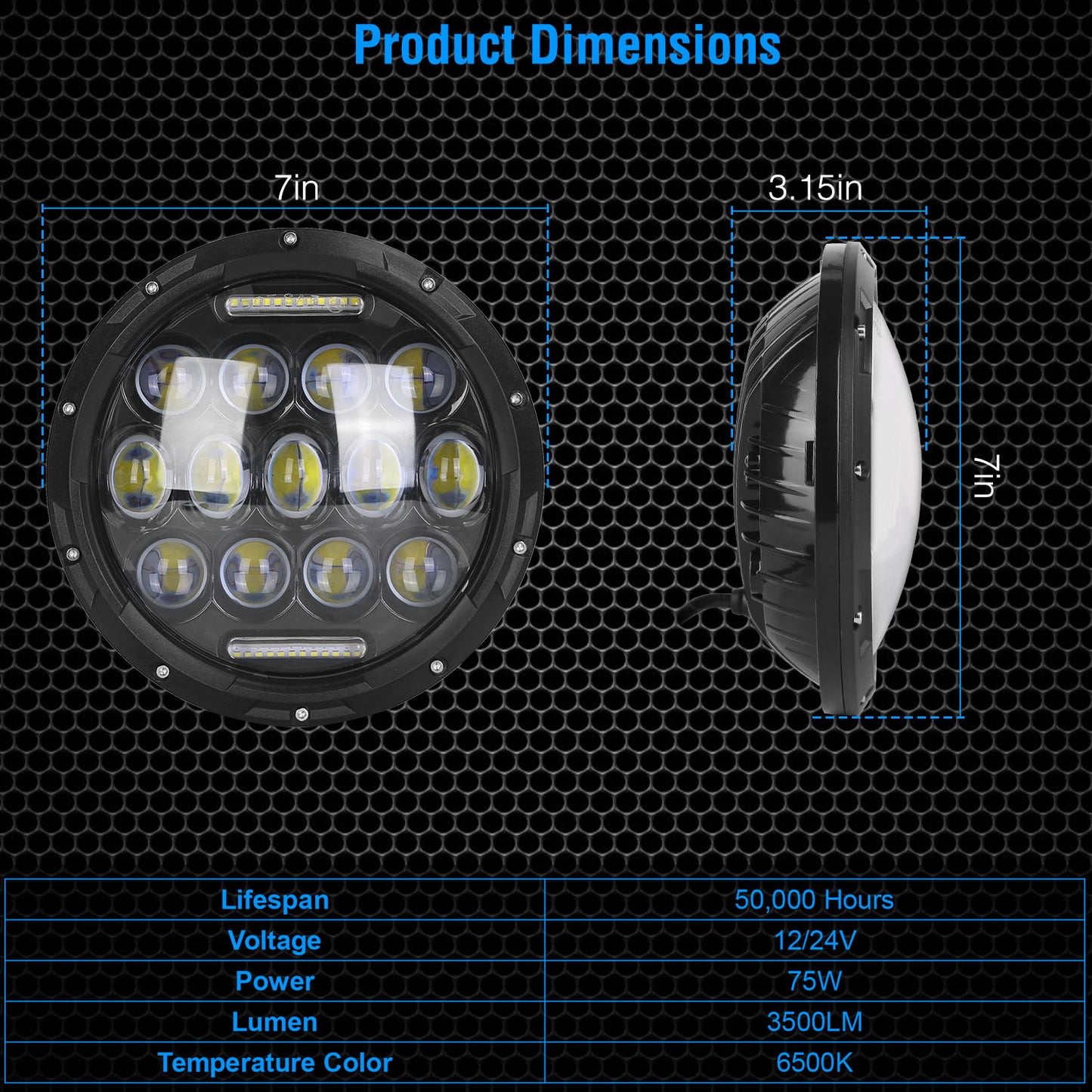 7 Inch Round LED Headlights 75W with DRL for Jeep Wrangler