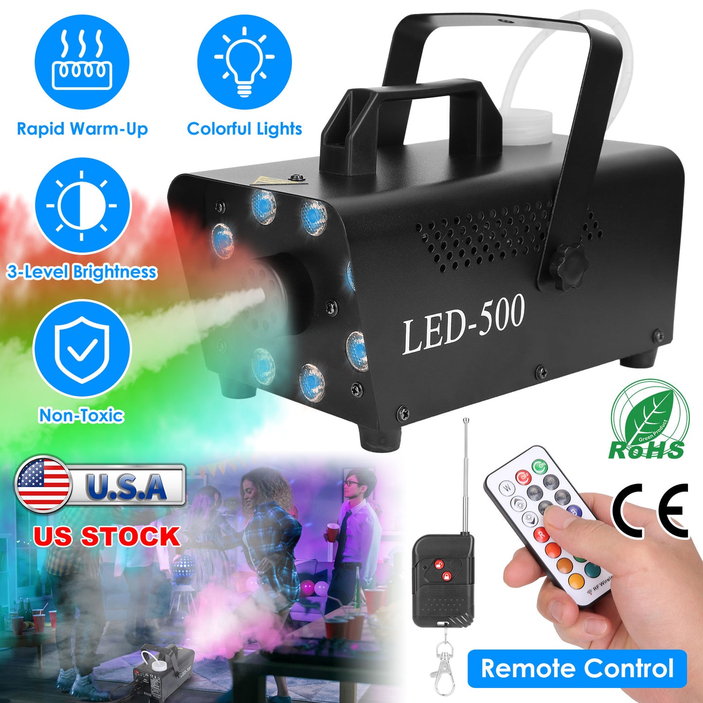 500W Fog Machine with LED Lights and Remote Control