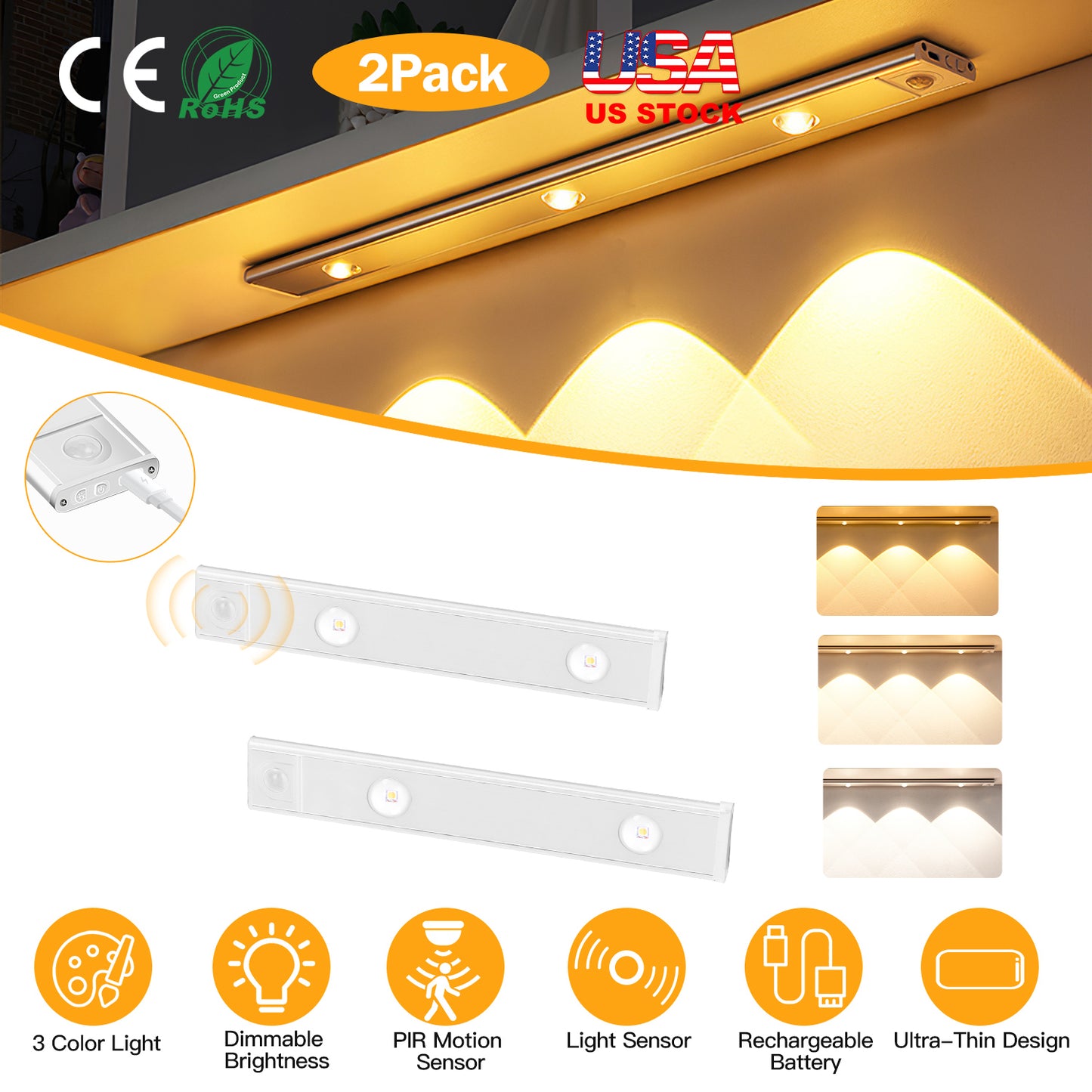 Rechargeable Motion Sensor Cabinet Light 2-Pack with 3 Colors