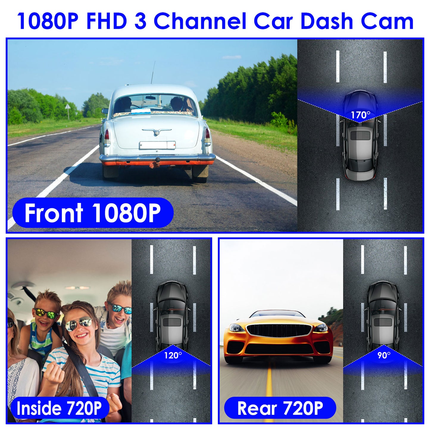 3-Channel Dash Cam with WiFi, 1080P Front & Rear Cameras