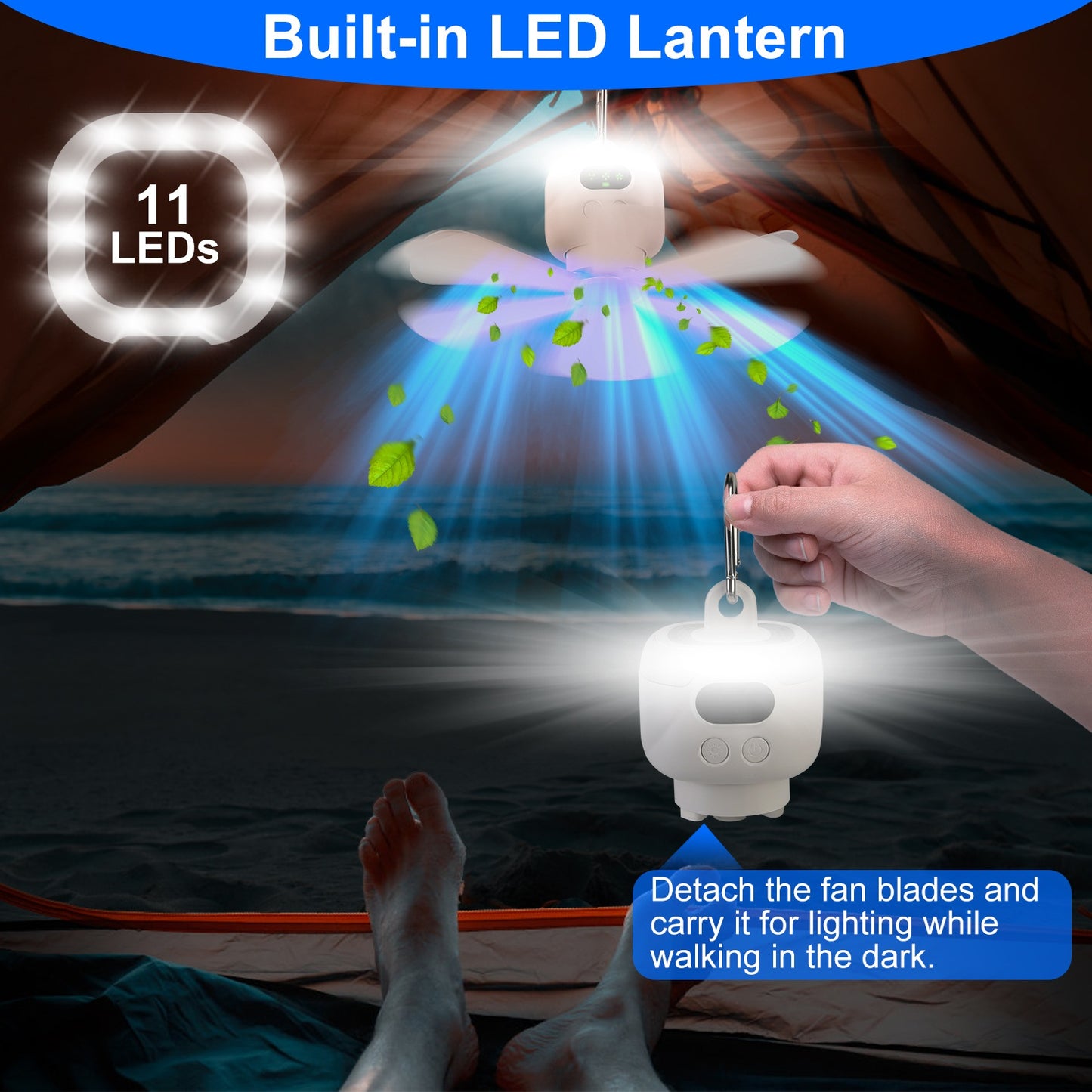 Portable Camping Fan with LED Lantern 8000mAh Battery Powered
