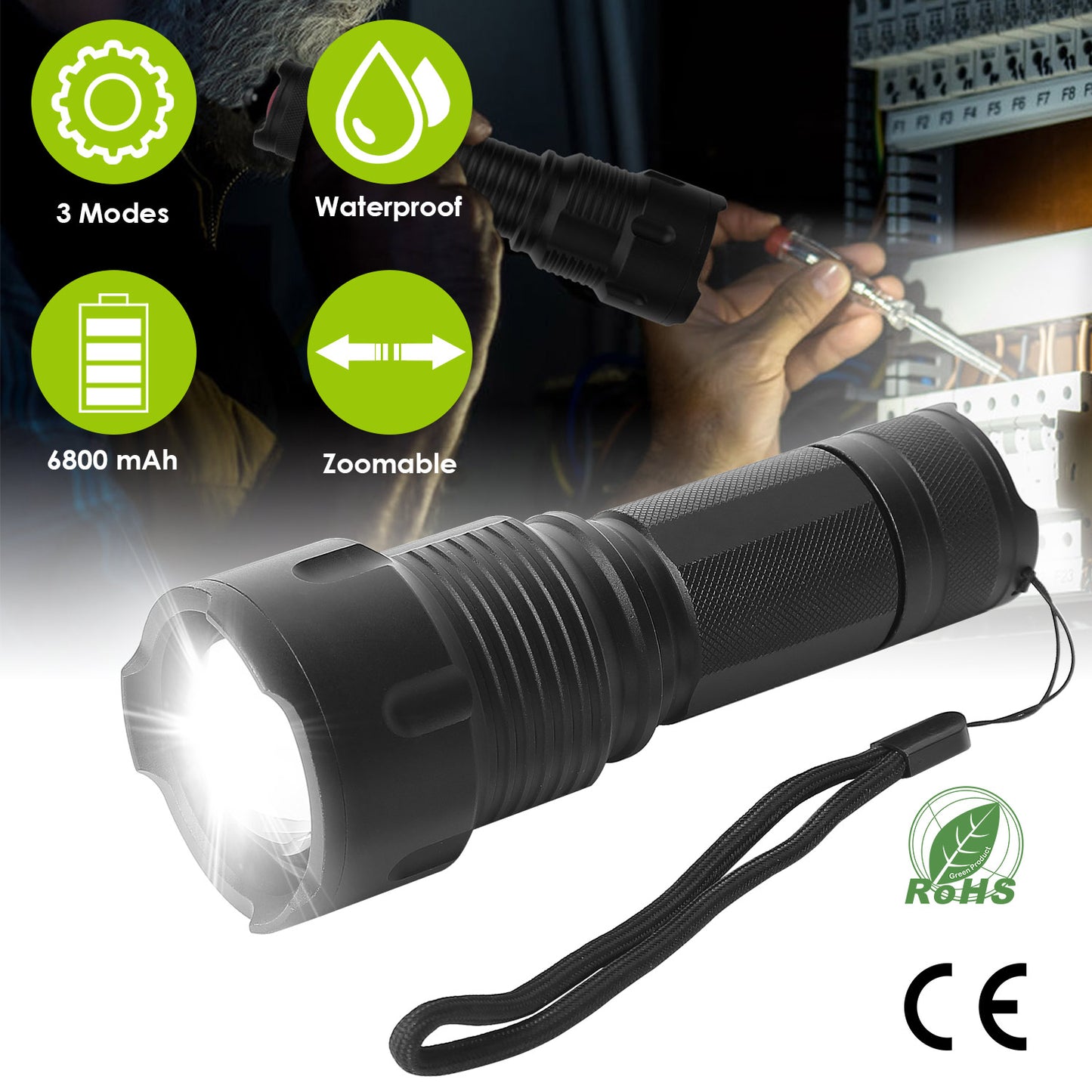 Rechargeable LED Flashlight with Zoomable Focus & 3 Modes