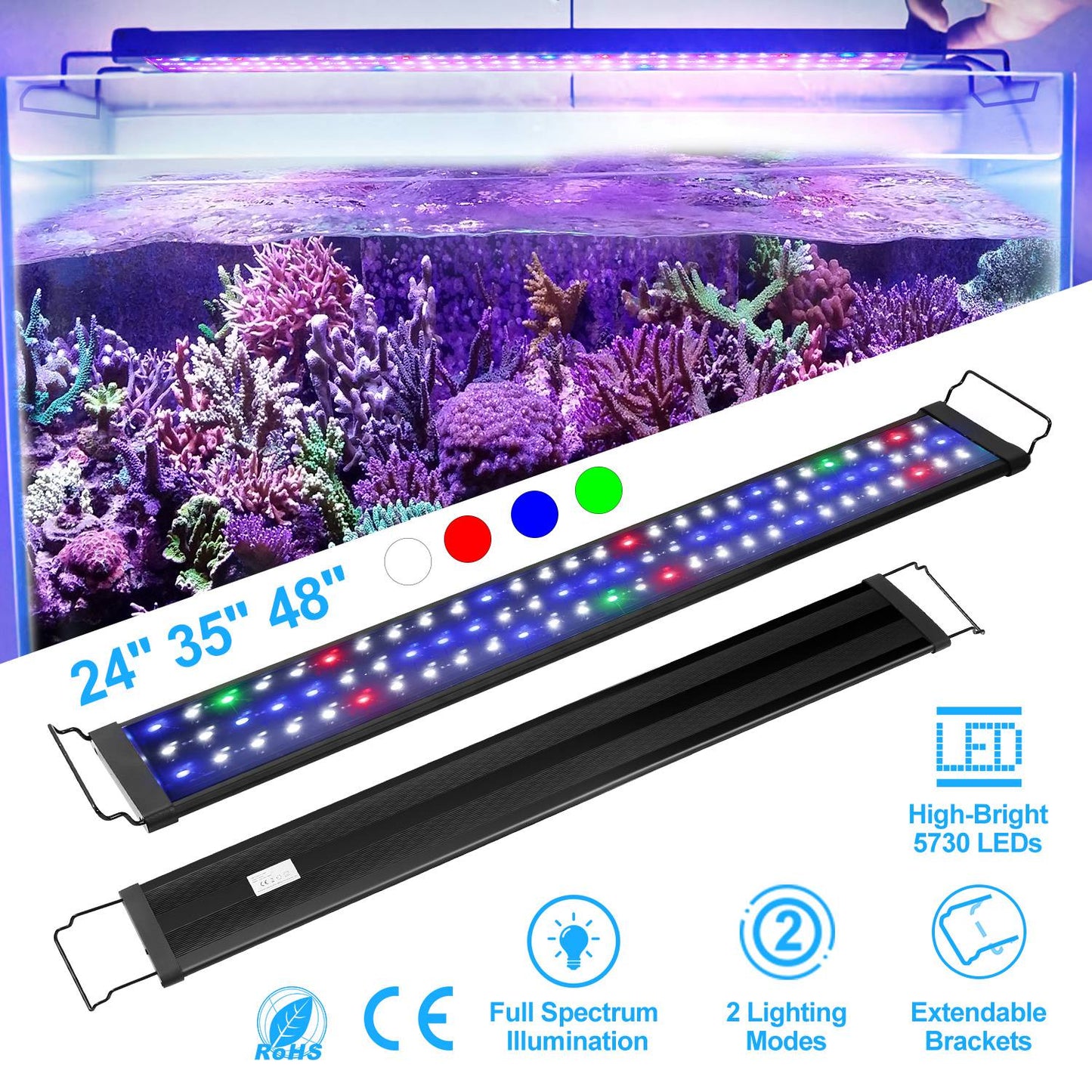 Full Spectrum LED Aquarium Light with Extendable Brackets