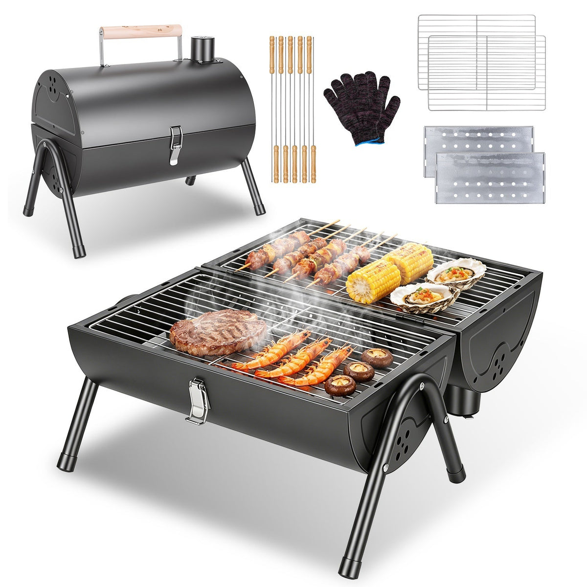 Portable Charcoal Grill with Double-Sided Cooking & 10 Skewers