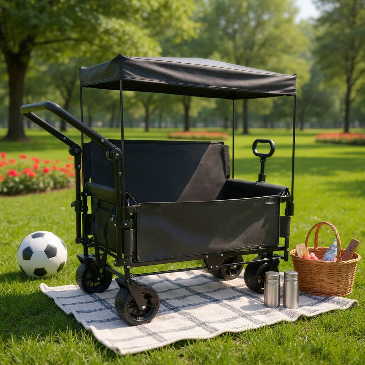 Folding Wagon Cart with Bench Seat & Canopy - 500lbs Capacity