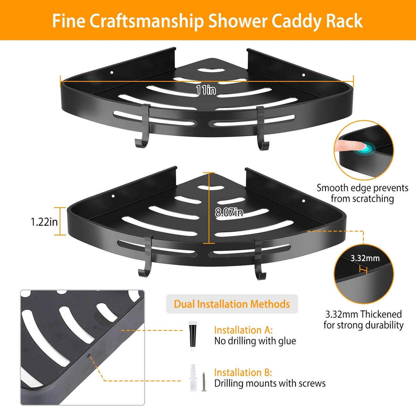 Corner Shower Caddy Shelf 2-Pack - Adhesive Wall Mount Aluminum