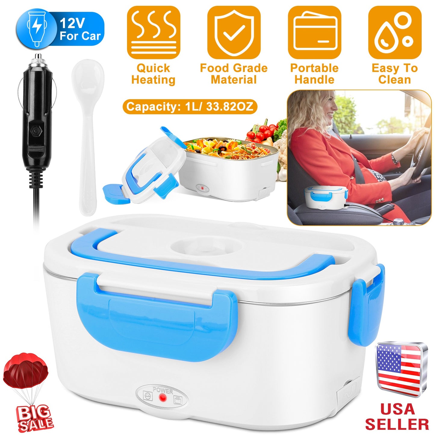 Electric Heated Lunch Box with Dual Compartments & Car Adapter