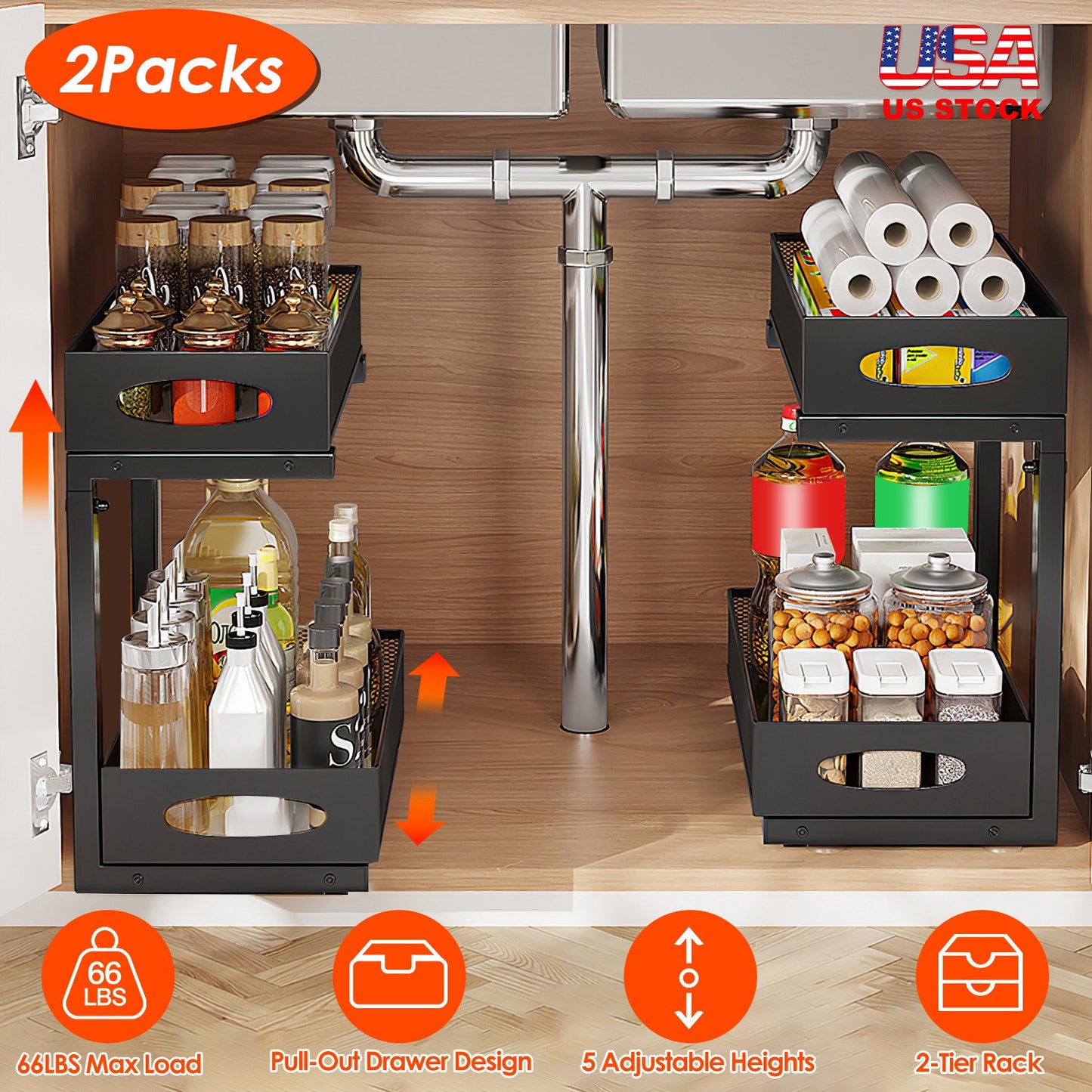 2-Tier Pull-Out Under Sink Organizer with Adjustable Height