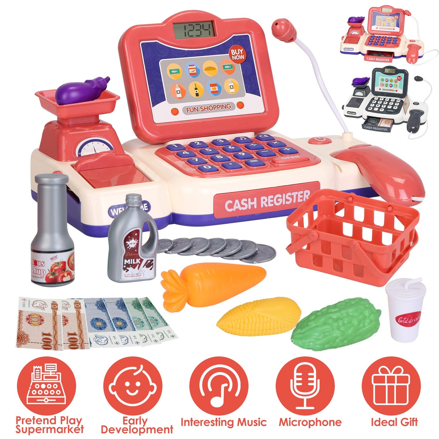 Kids Cash Register Pretend Play Toy with Scanner & Accessories