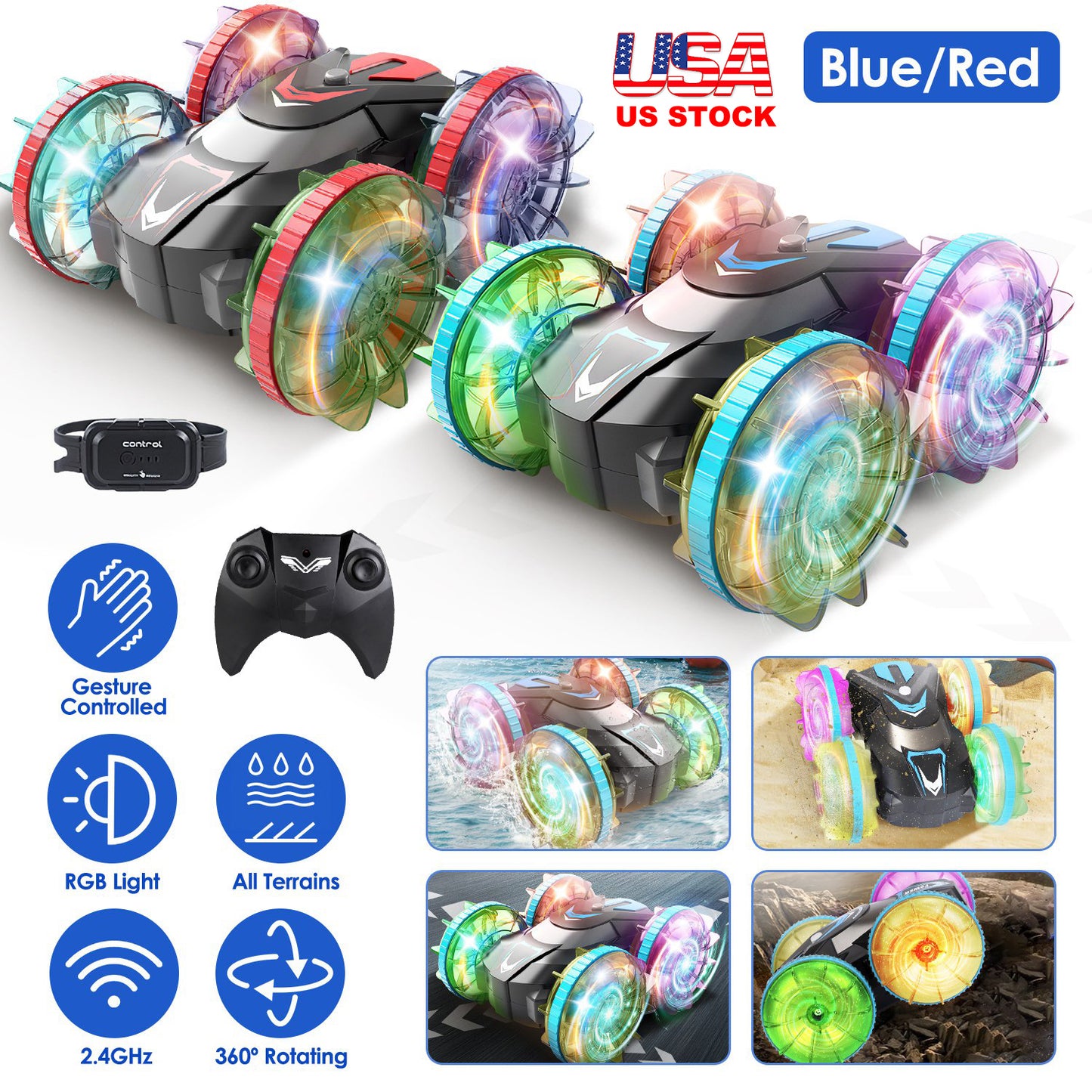 Amphibious RC Stunt Car with Wrist Controller & RGB Lights