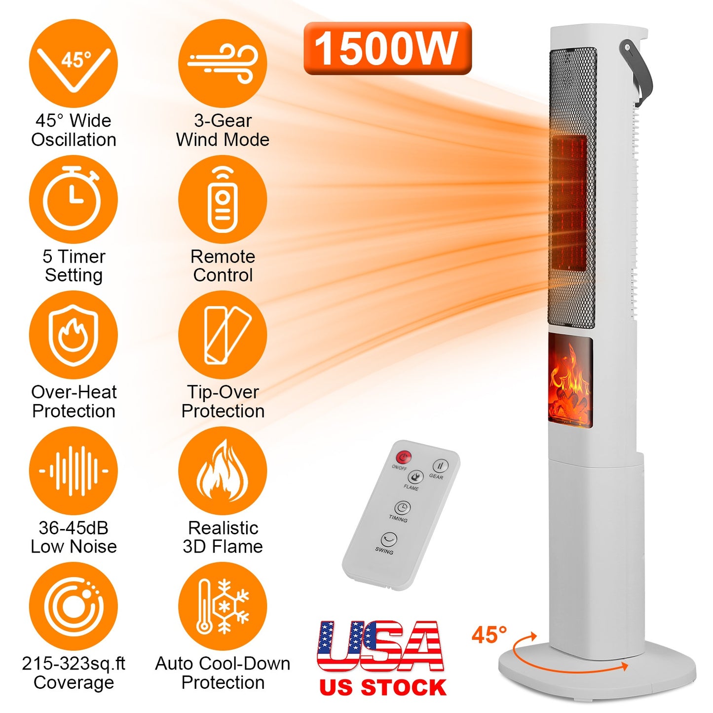 Oscillating Ceramic Tower Space Heater with 3D Flame Effect