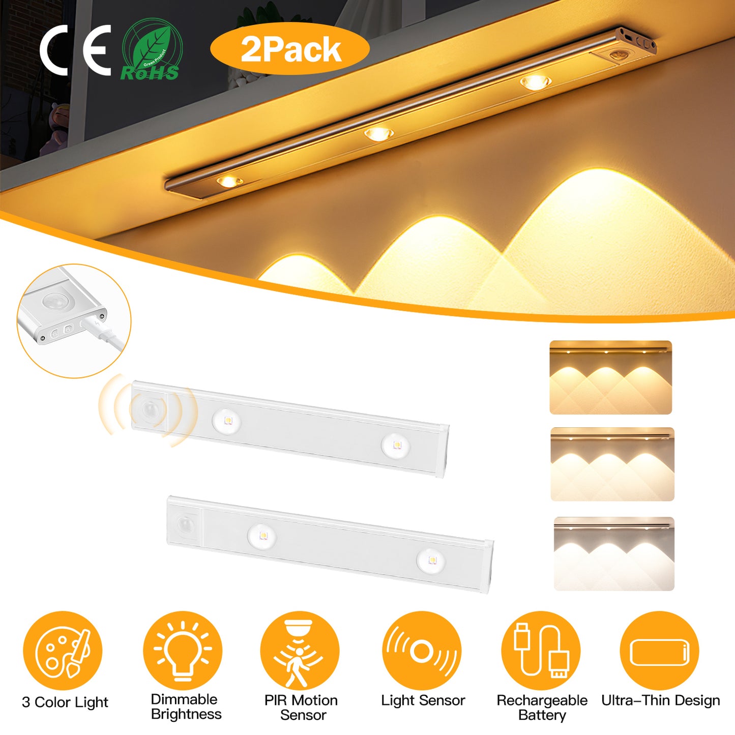 Rechargeable Motion Sensor Cabinet Light 2-Pack with 3 Colors