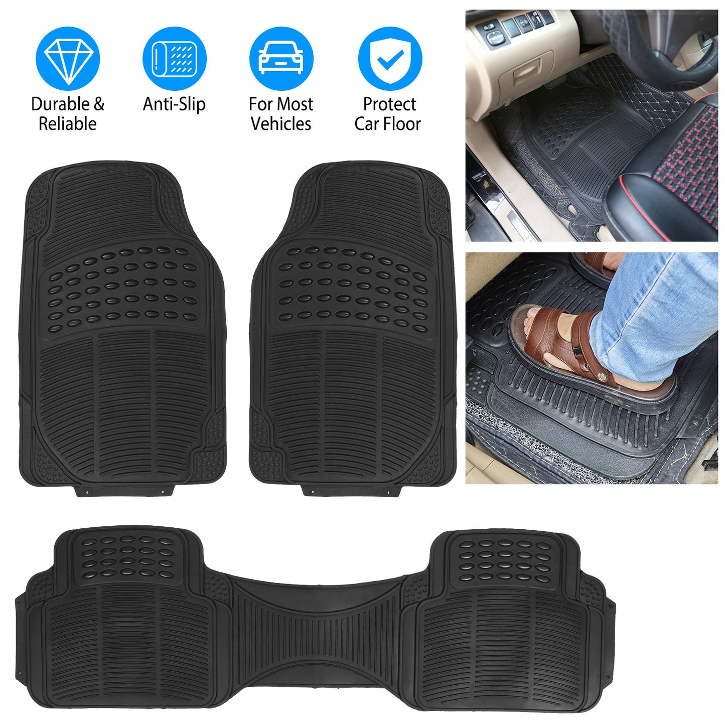 Car Floor Mats Set 3-Piece Heavy Duty PVC Rubber Trimmable