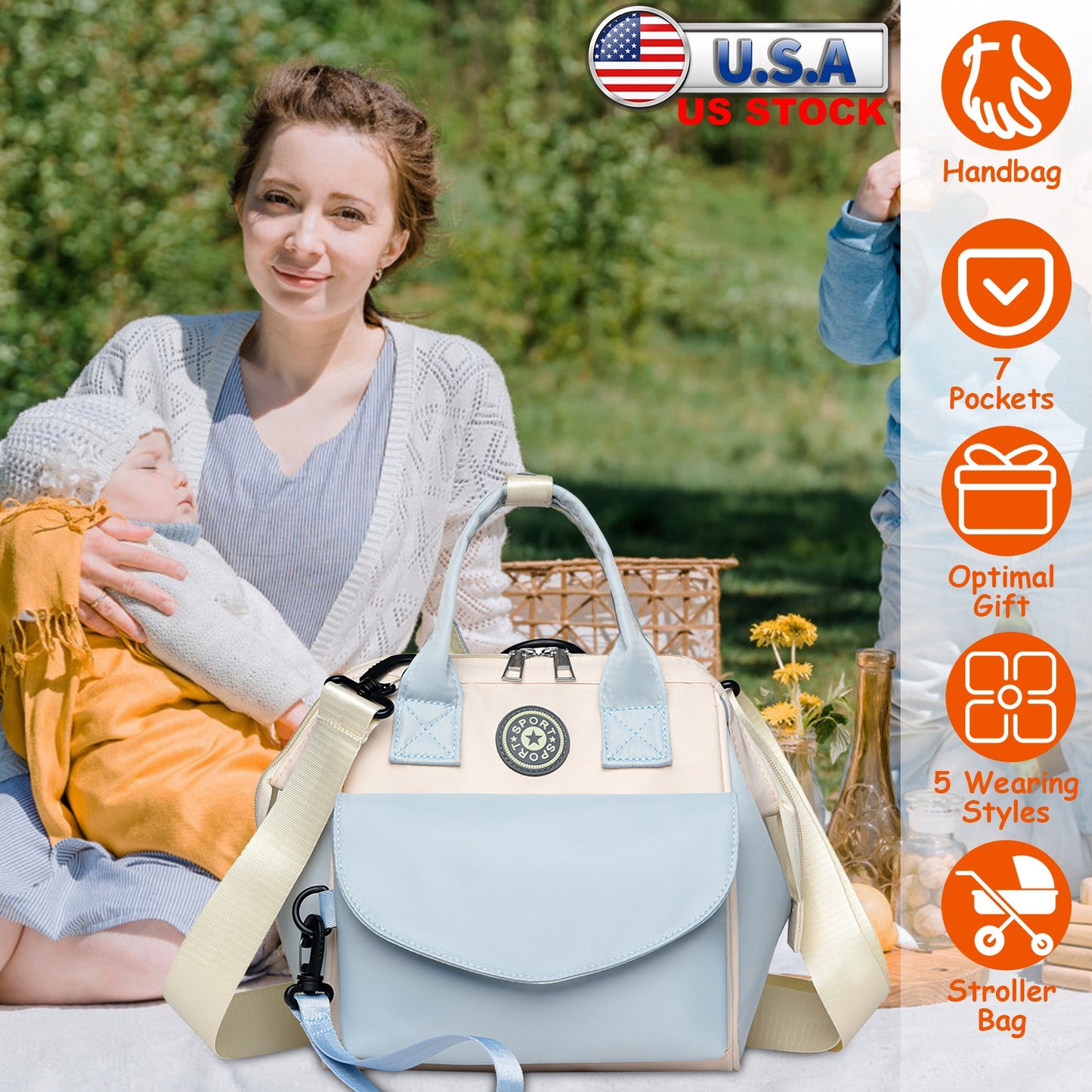 Diaper Bag with 6 Pockets and Detachable Small Bag