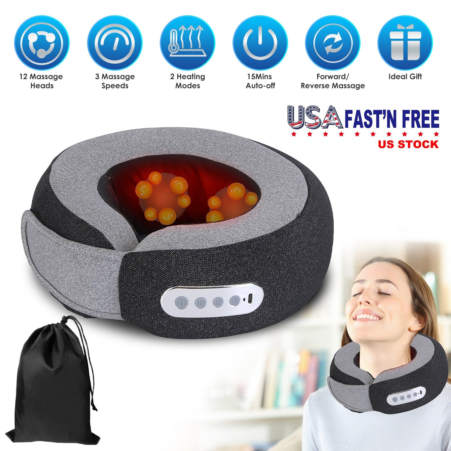 Neck Massager Pillow with Heat & Memory Foam Travel Support