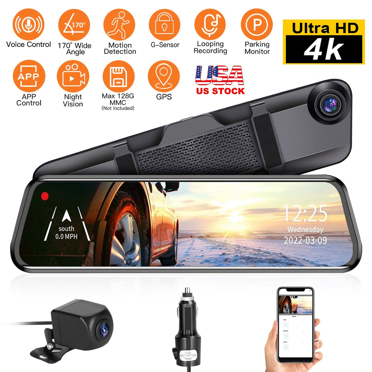 12-Inch Dual Lens Dash Cam with 4K Front & Rear Camera