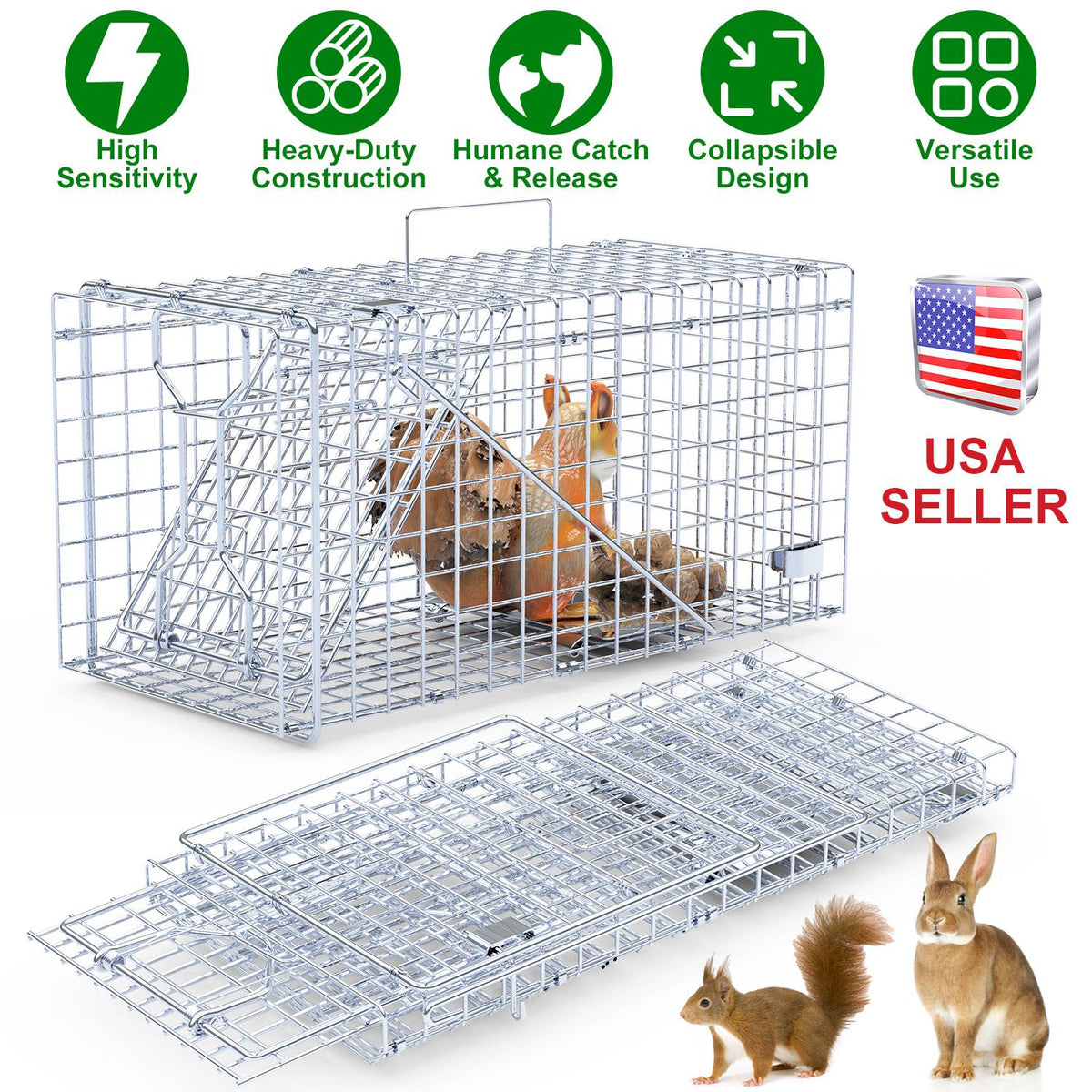 2Pcs 18x8x10In Humane Single Door Live Animal Trap Collapsible Galvanized Iron Animal Cage Catch And Release for Small Squirrel Raccoon Feral Cat Weas