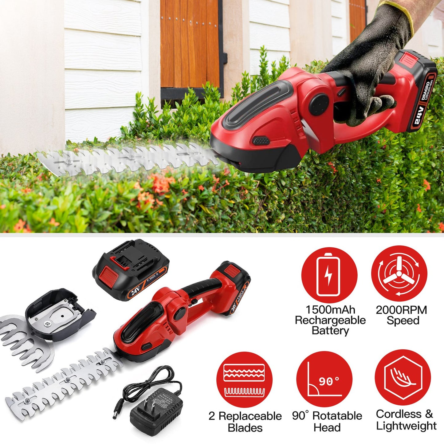 24V Cordless Grass Shear & Hedge Trimmer with 2 Blades