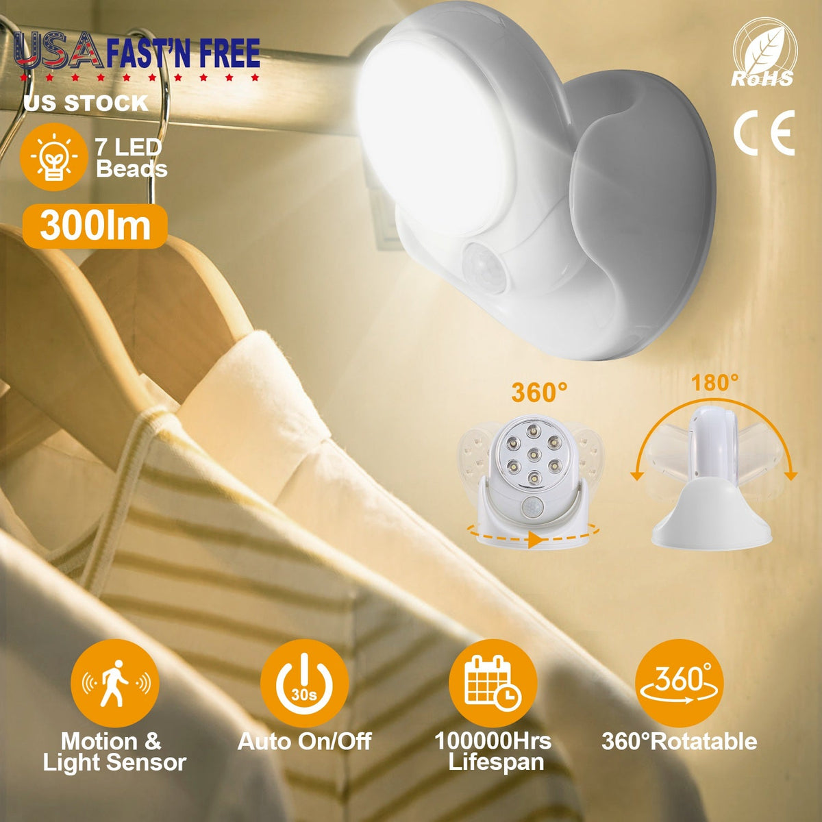 Wireless LED Spotlight 90 ¡ Motion Sensor Night Lamp 360¡Rotate Cordless Stairs Lights Battery Operated w/23ft Sensing Range for Closet Bathroom