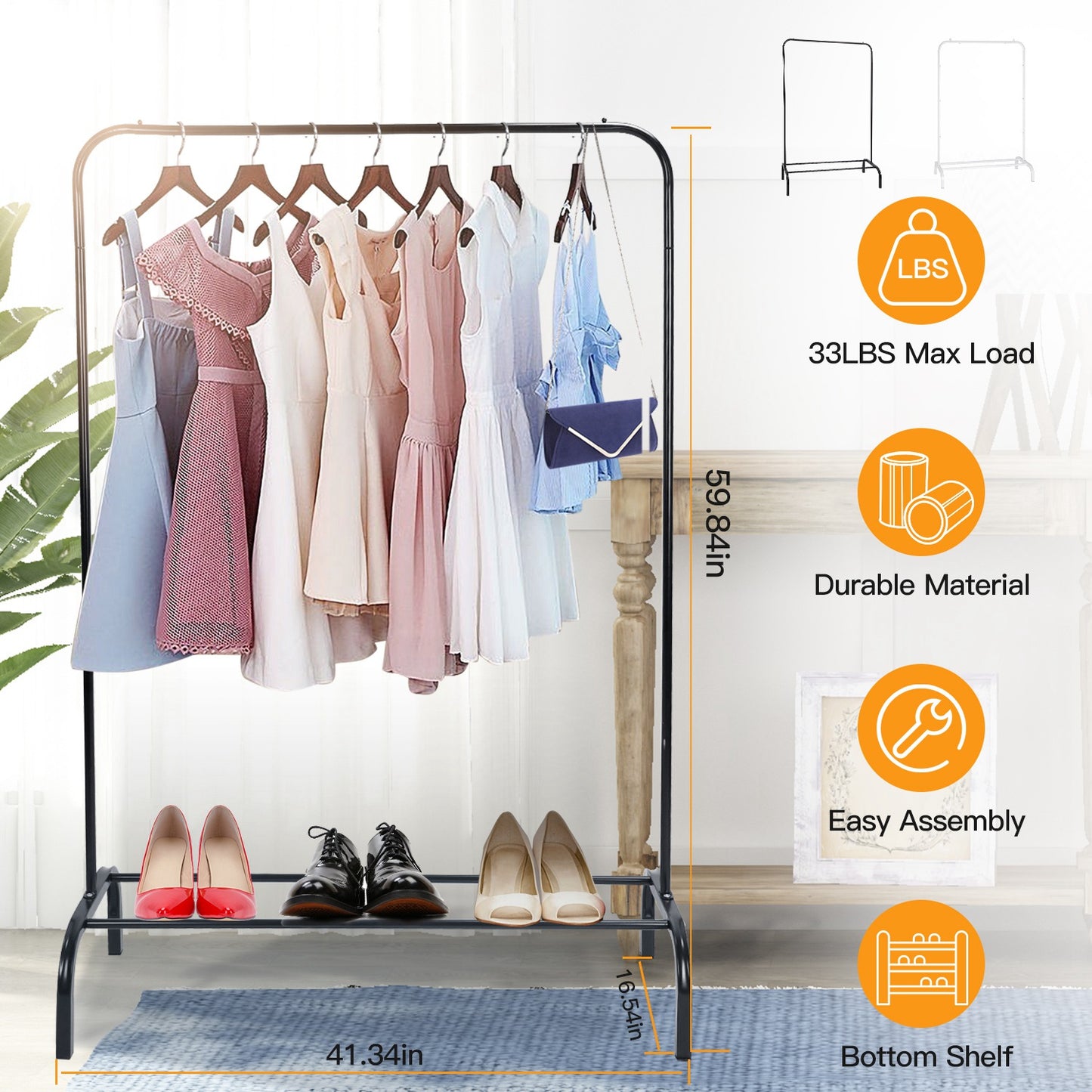 Freestanding Garment Rack with Bottom Shelf - 33 lbs Capacity