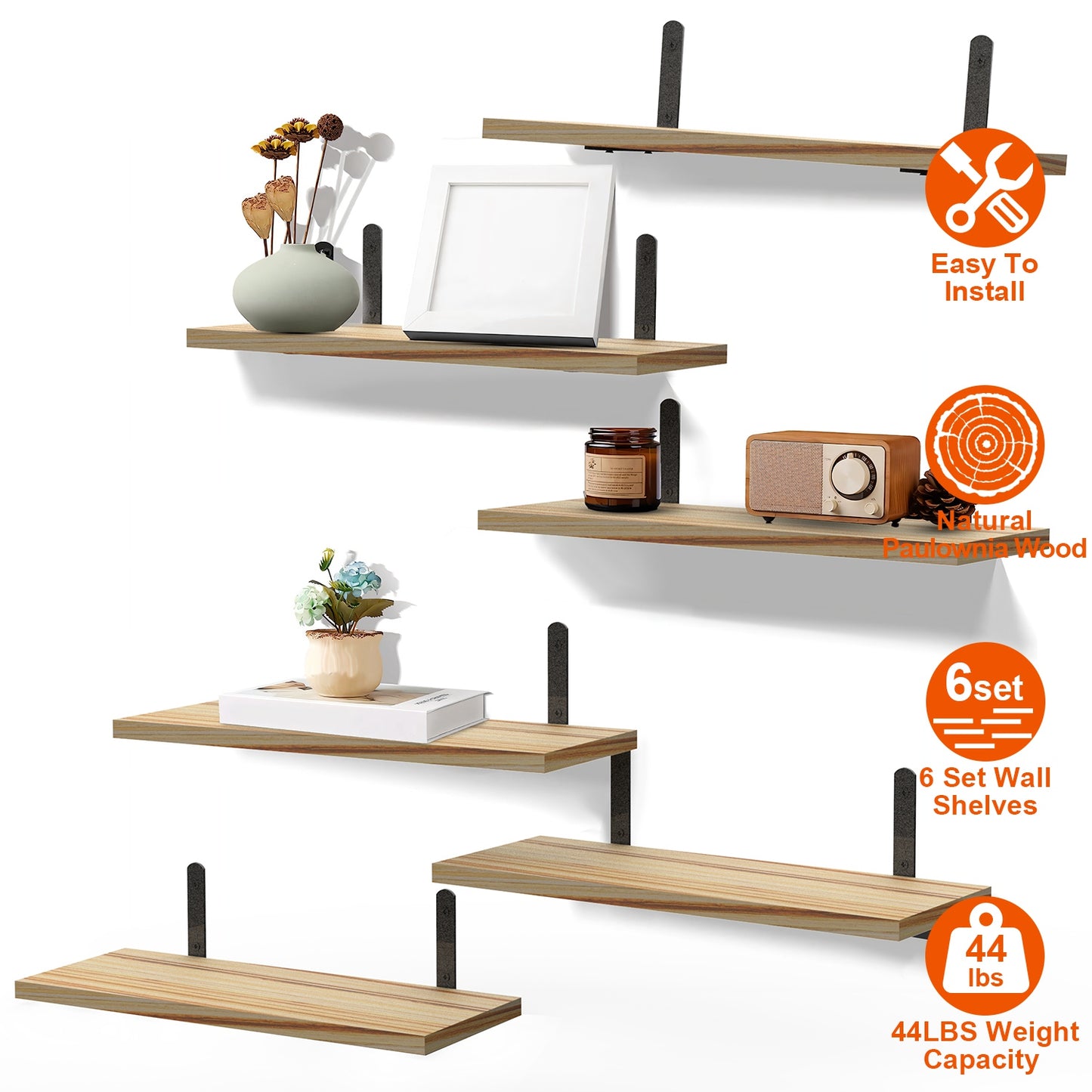 Floating Wall Shelves Set of 6 - Wood & Metal Storage Organizer