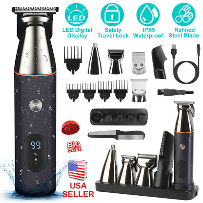 All In One Beard Trimmer for Men With 5 Trimmer Heads IPX5 Waterproof Electric Razor For Face Nose Body Beard Cordless Hair Shaver Clipper Grooming Ki