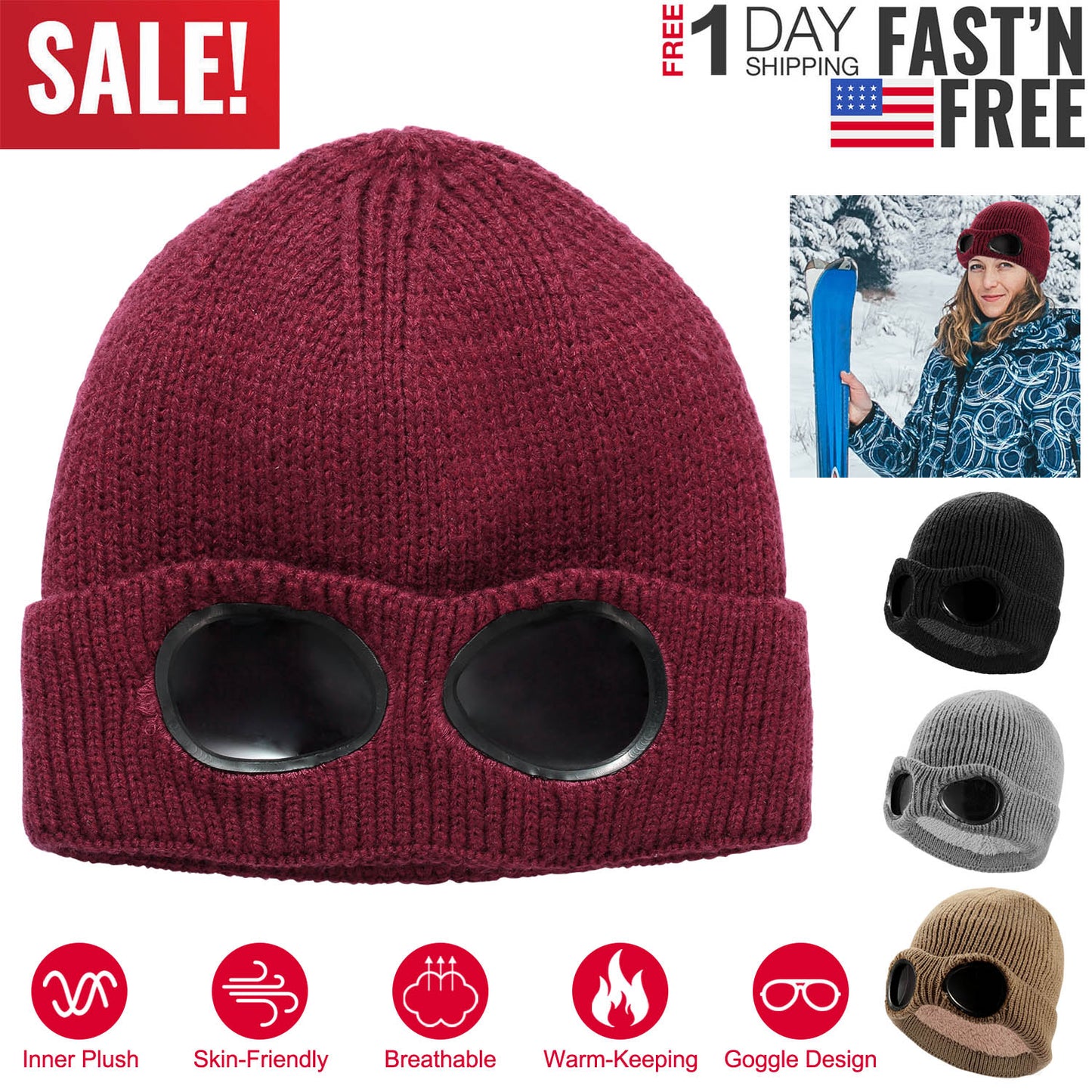 Knit Beanie Hat with Goggle - Warm Winter Skull Cap