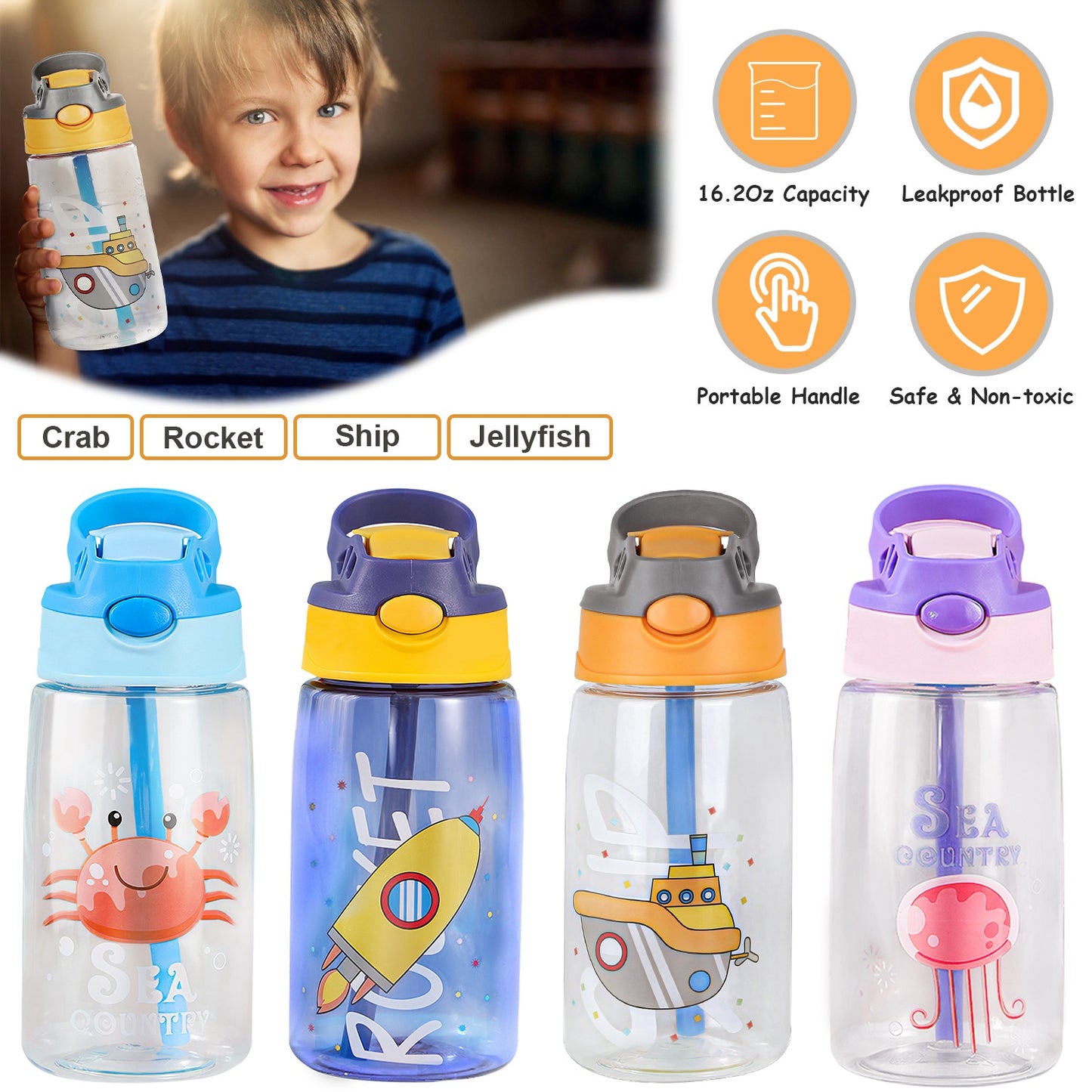 Kids Water Bottle with Straw 16.2oz Leak-Proof Push Button