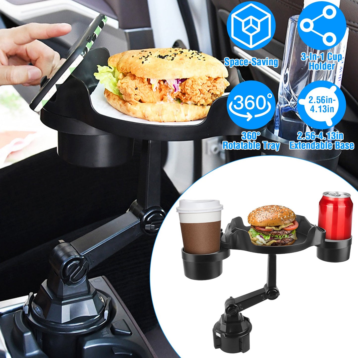 Car Cup Holder Expander with 360° Rotating Tray & Phone Slot