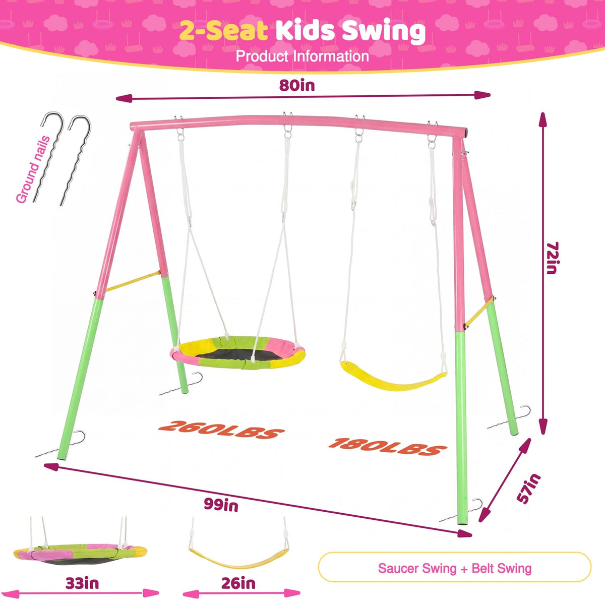 Outdoor Swing Set with Saucer & Belt Swings - 330lbs Capacity