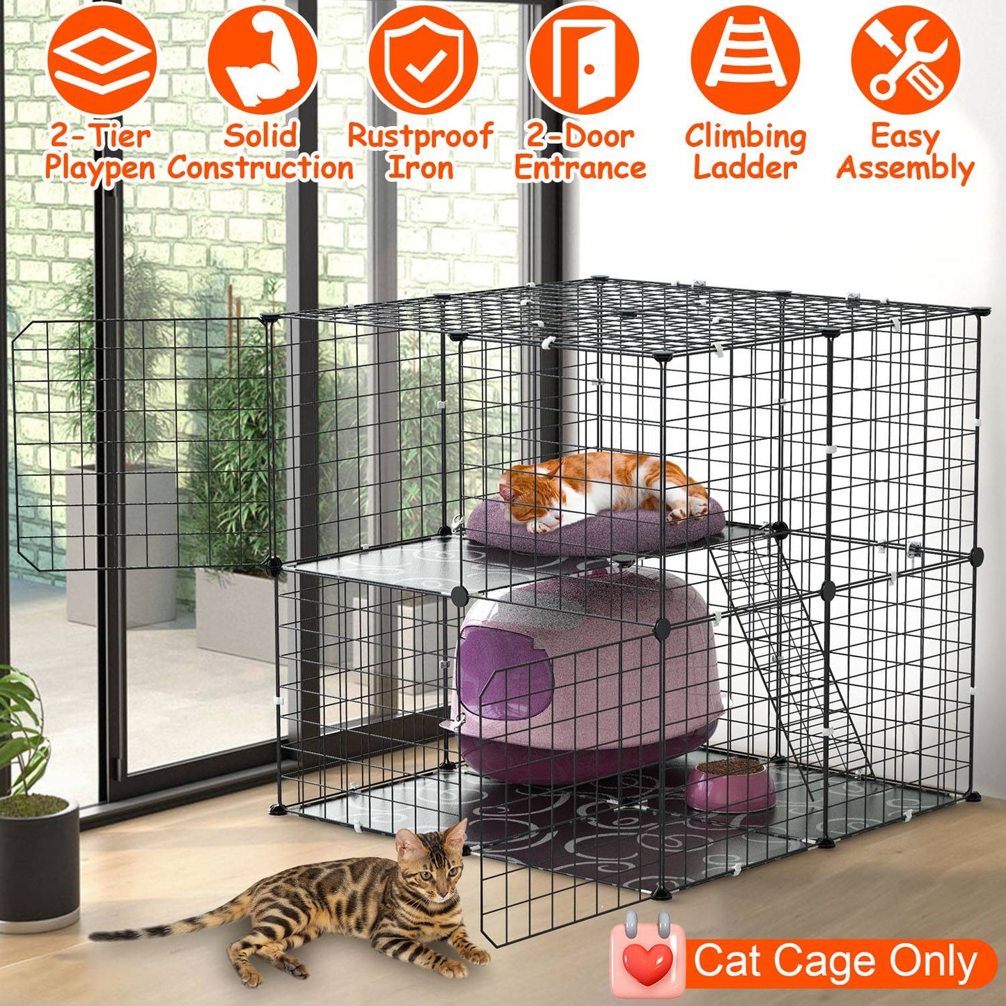 2-Tier Cat Cage Playpen with Climbing Ladder & Dual Doors